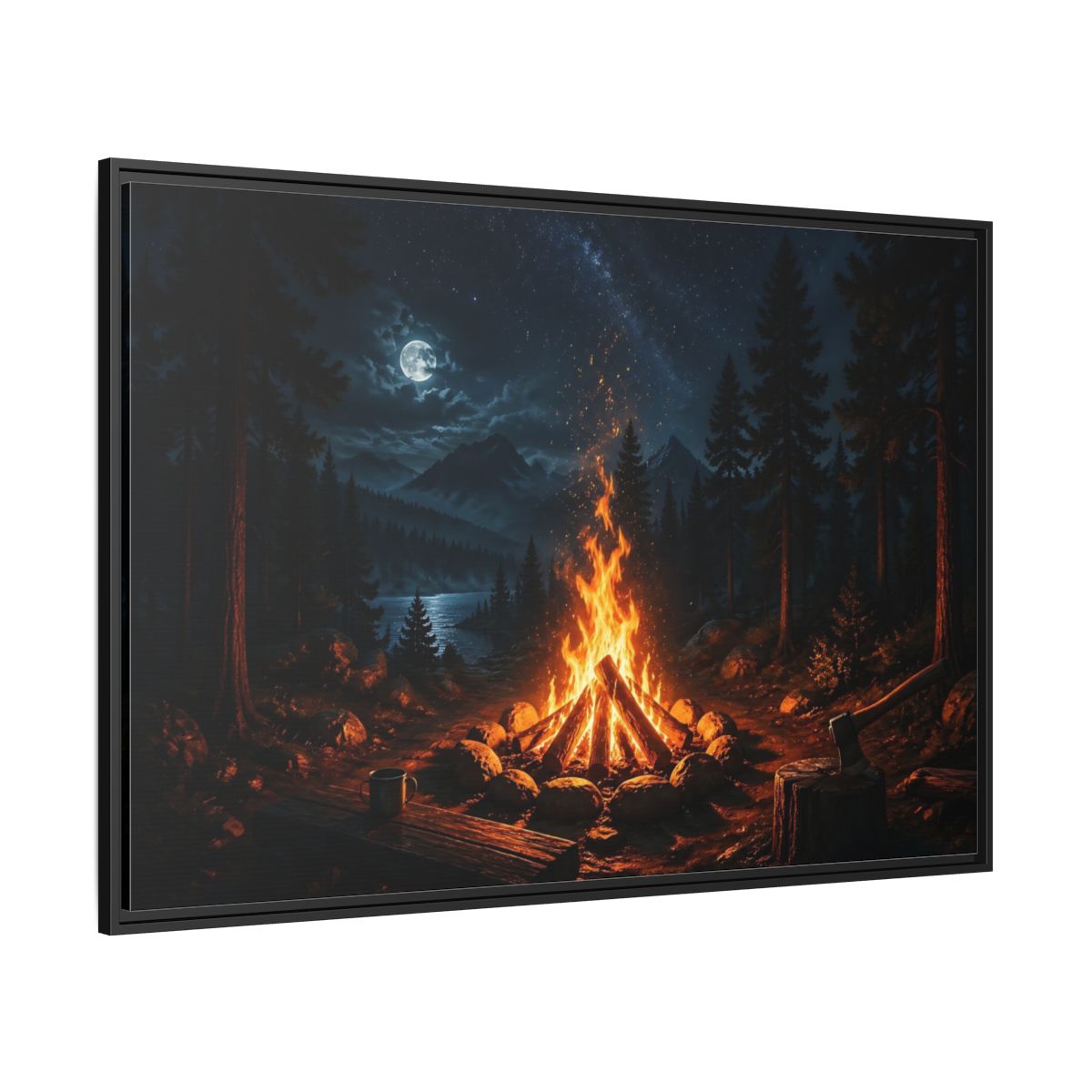 Side Mockup 12. Nature Campfire Campfire Night Scene shown as stretched canvas wall art