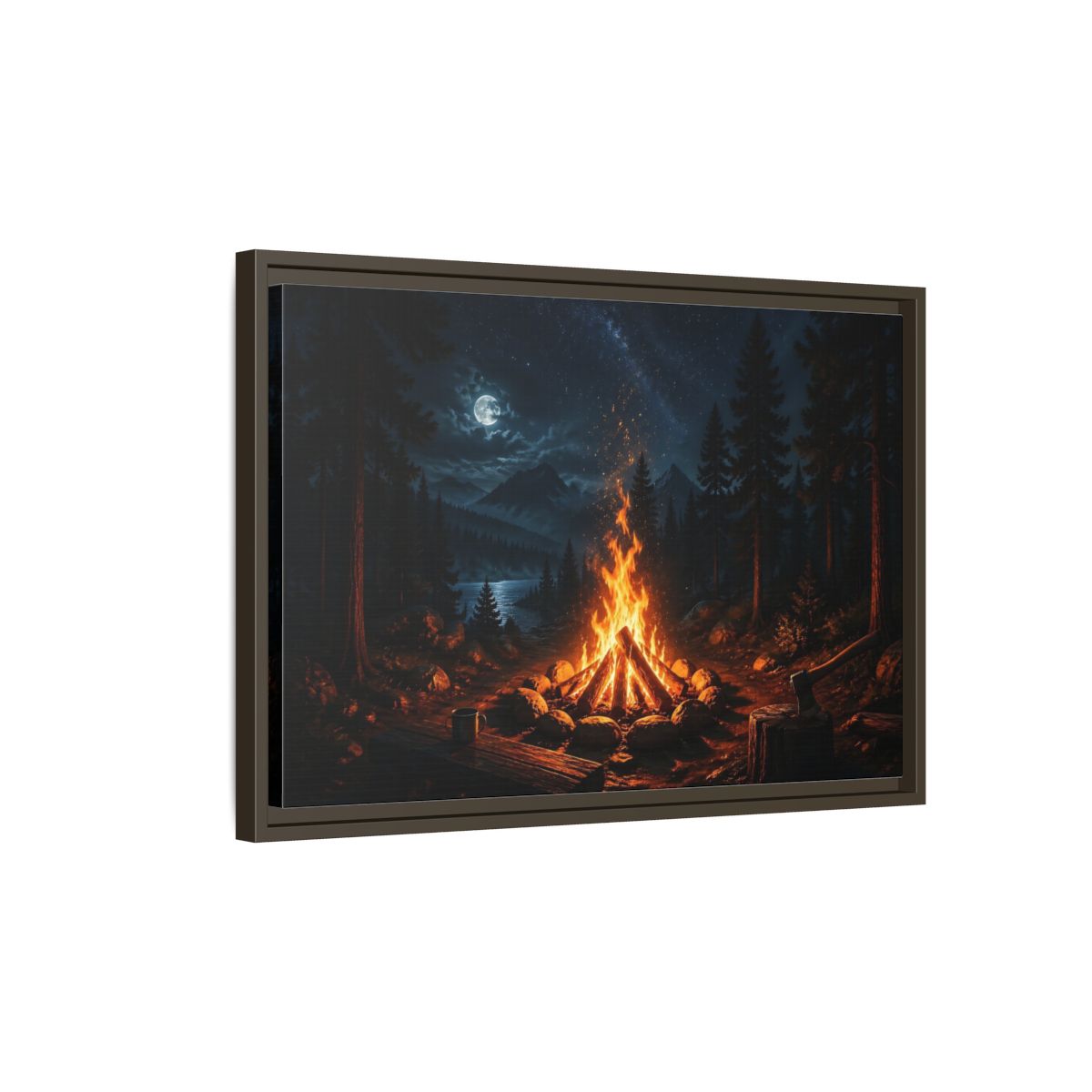 Side Mockup 2. Nature Campfire Campfire Night Scene shown as stretched canvas wall art