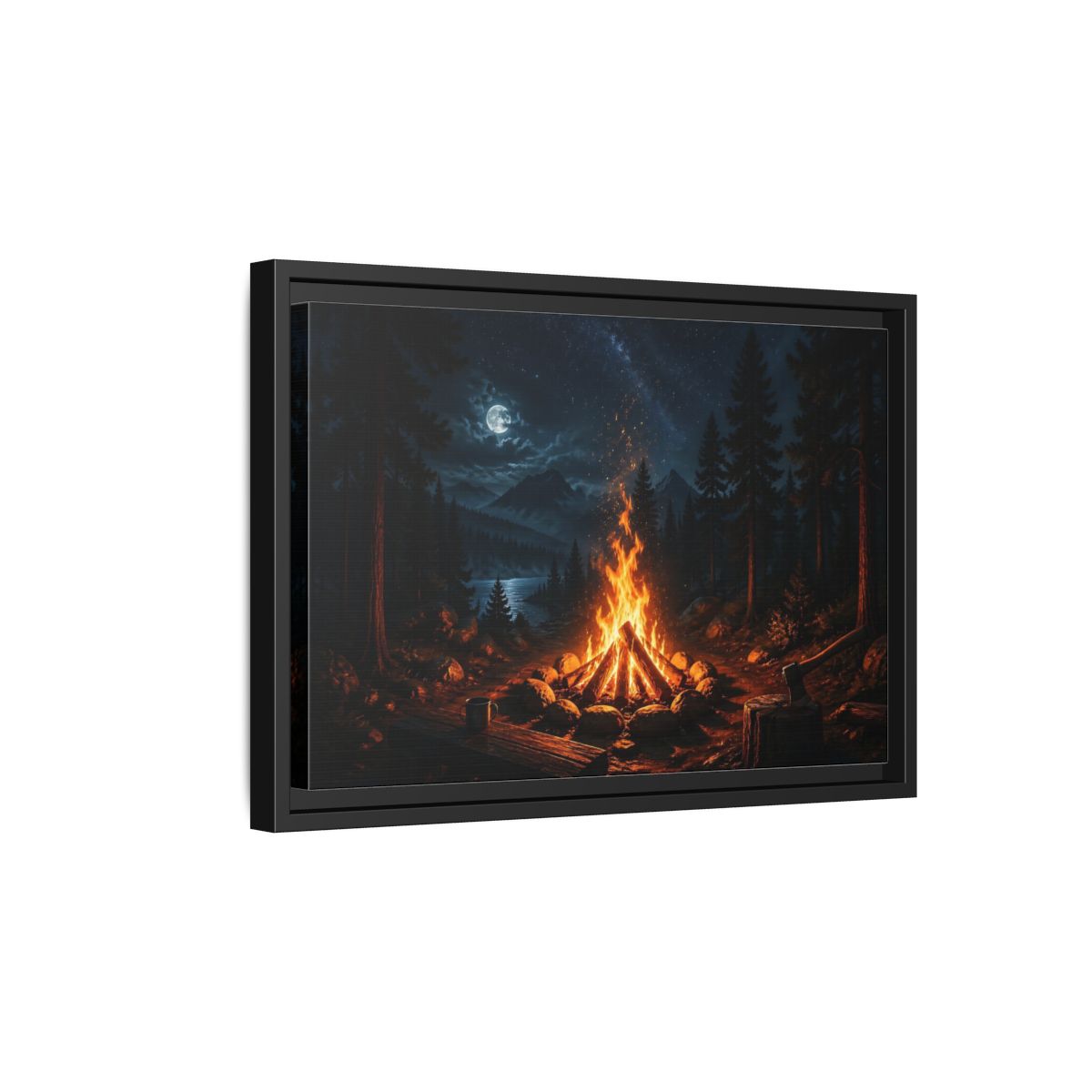 Side Mockup 6. Nature Campfire Campfire Night Scene shown as stretched canvas wall art