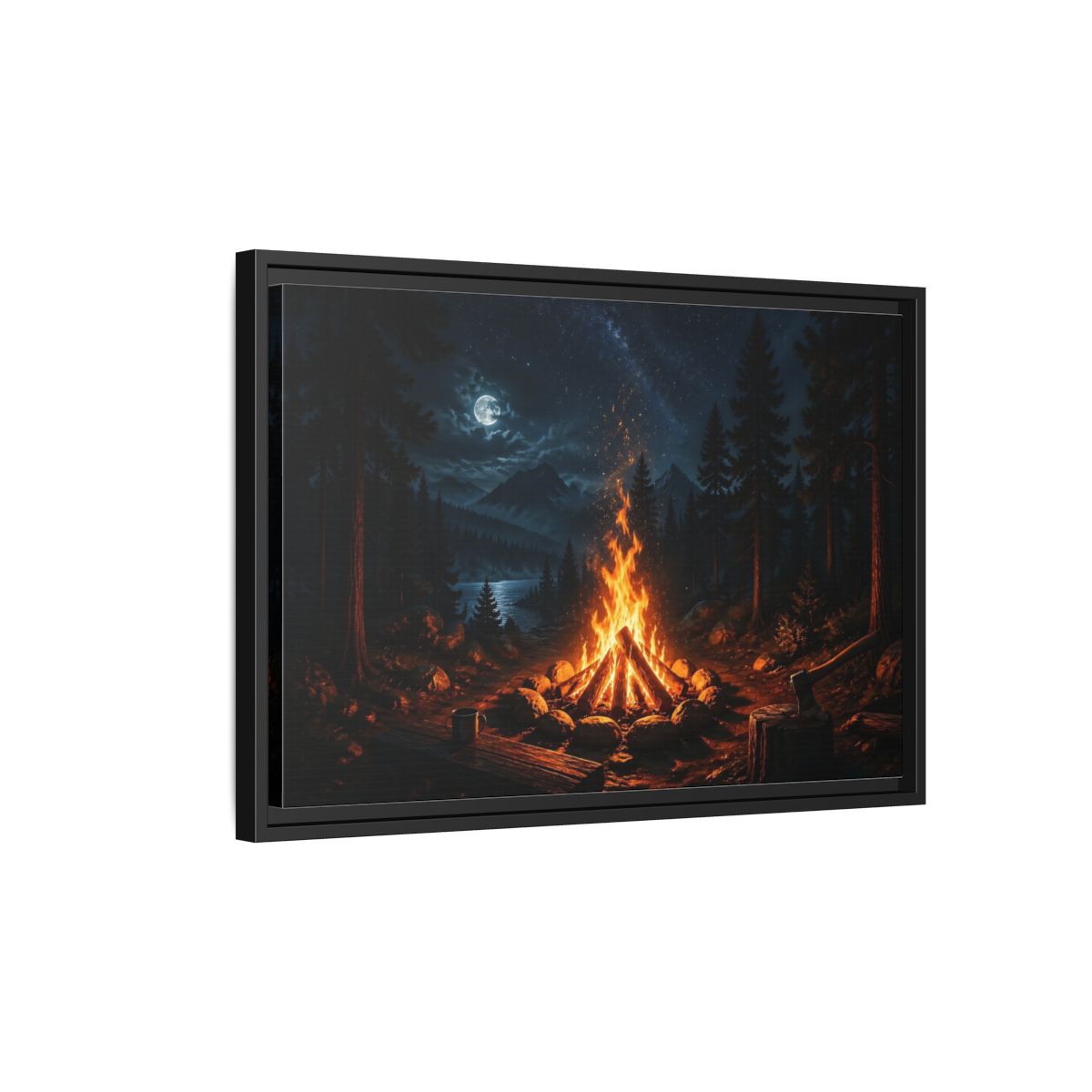 Side Mockup 3. Nature Campfire Campfire Night Scene shown as stretched canvas wall art