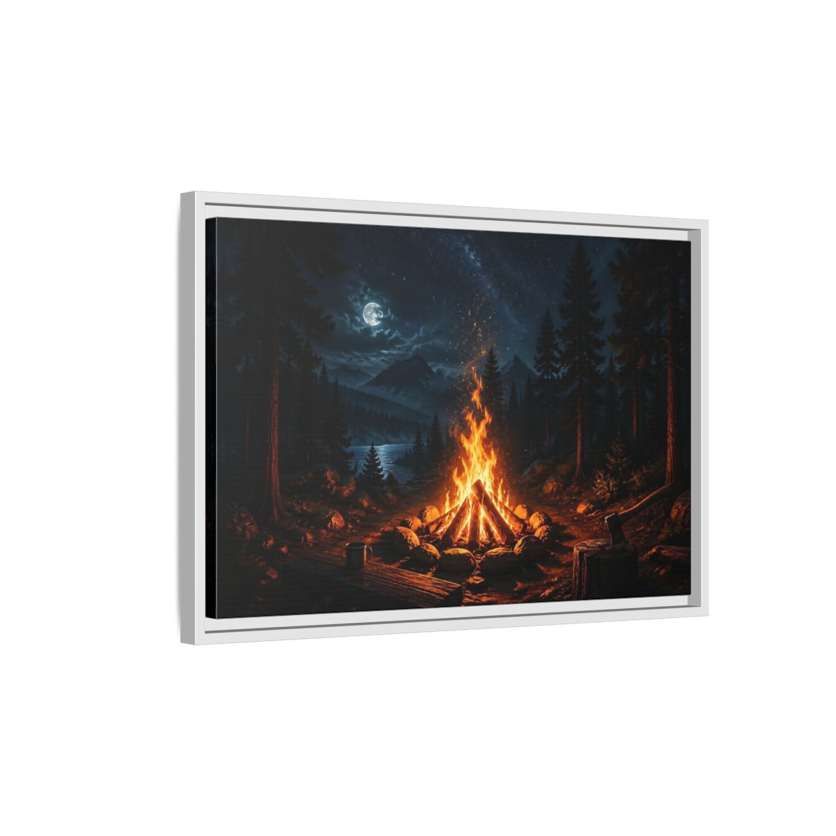 Side Mockup 1. Nature Campfire Campfire Night Scene shown as stretched canvas wall art