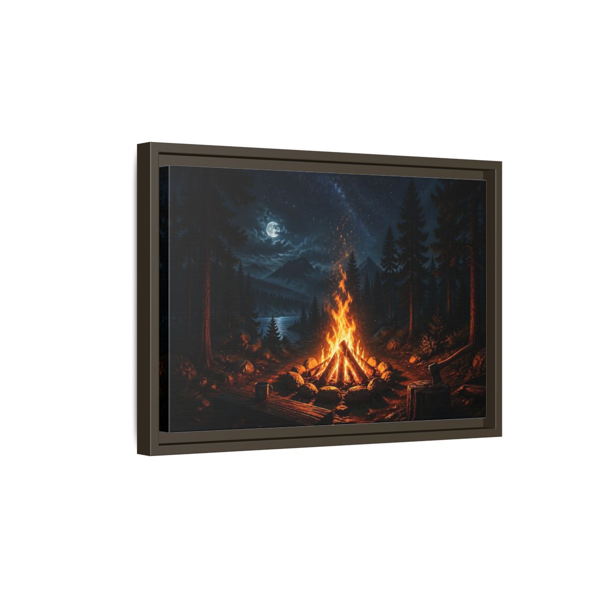 Side Mockup 5. Nature Campfire Campfire Night Scene shown as stretched canvas wall art