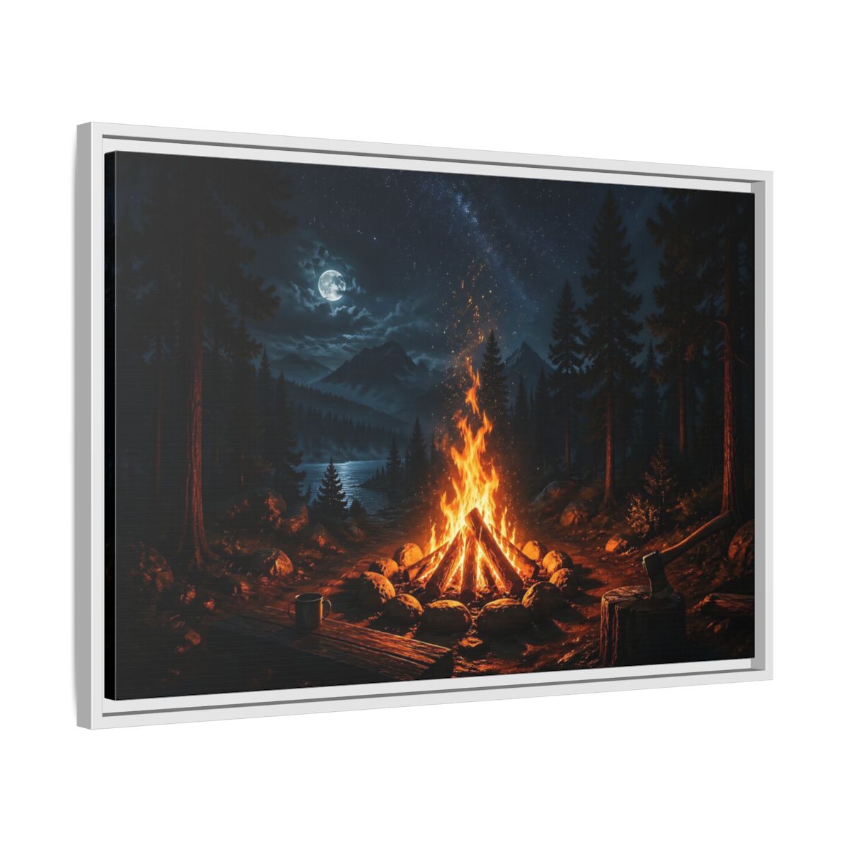 Side Mockup 10. Nature Campfire Campfire Night Scene shown as stretched canvas wall art