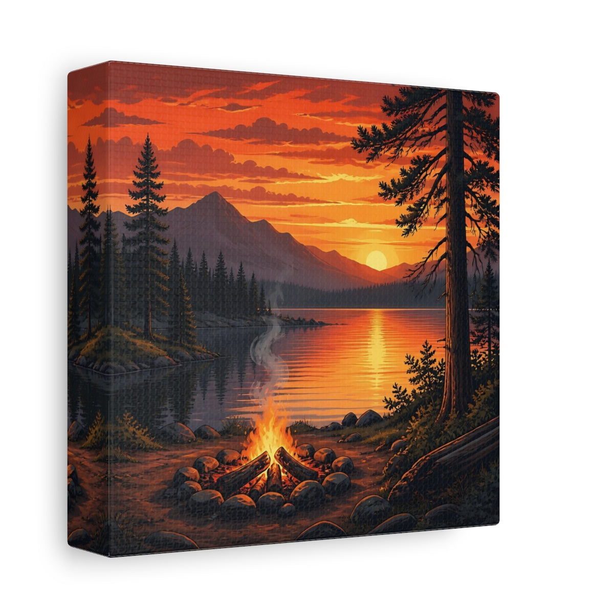 Side Mockup 2. Nature Campfire Sunset Orange Sunset Campfire shown as stretched canvas wall art