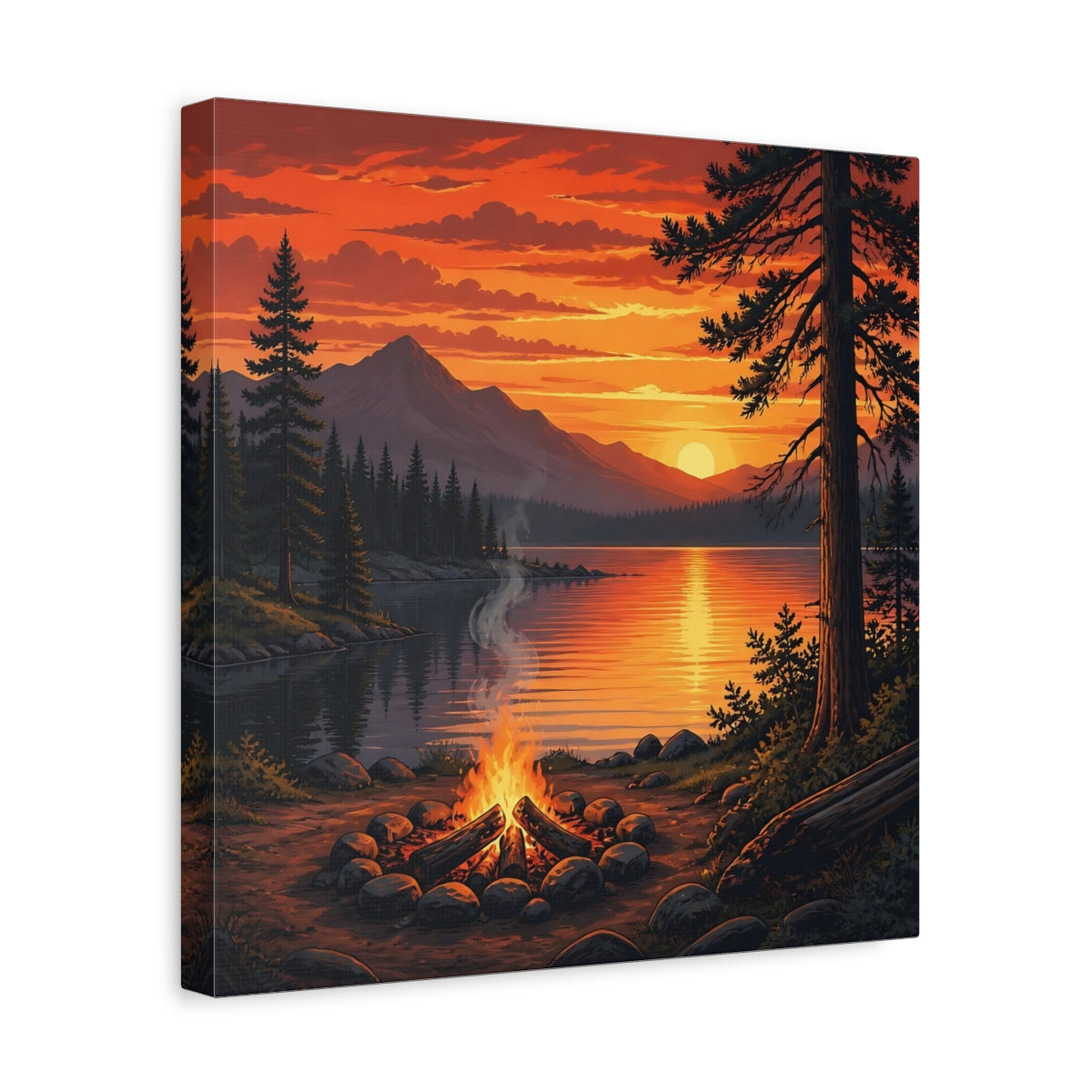 Side Mockup 7. Nature Campfire Sunset Orange Sunset Campfire shown as stretched canvas wall art