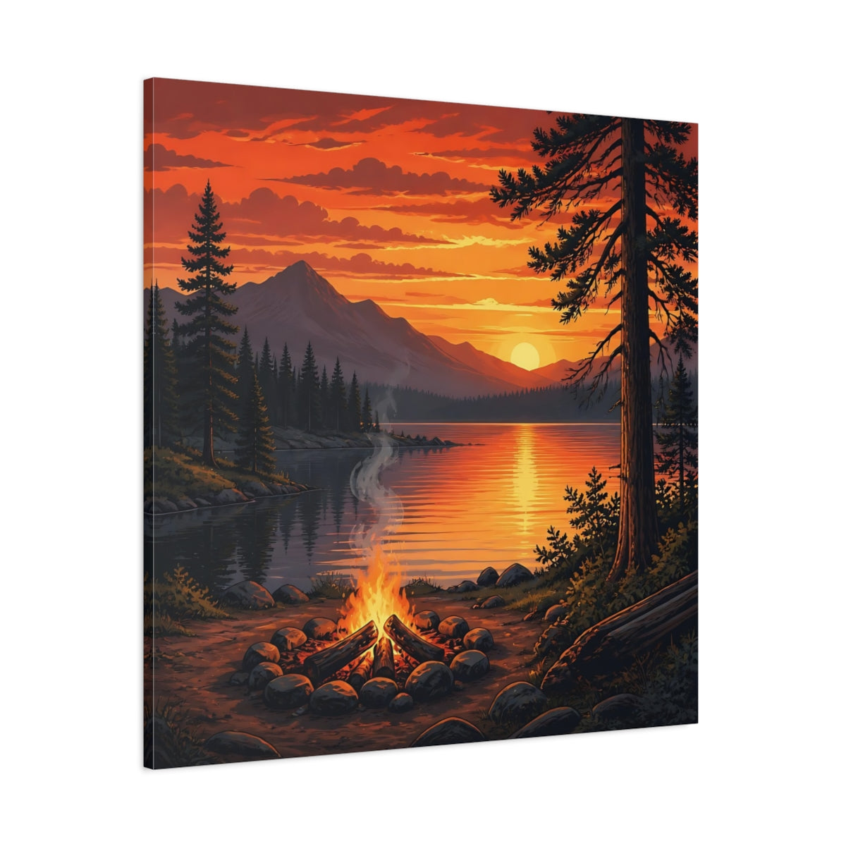 Side Mockup 1. Nature Campfire Sunset Orange Sunset Campfire shown as stretched canvas wall art