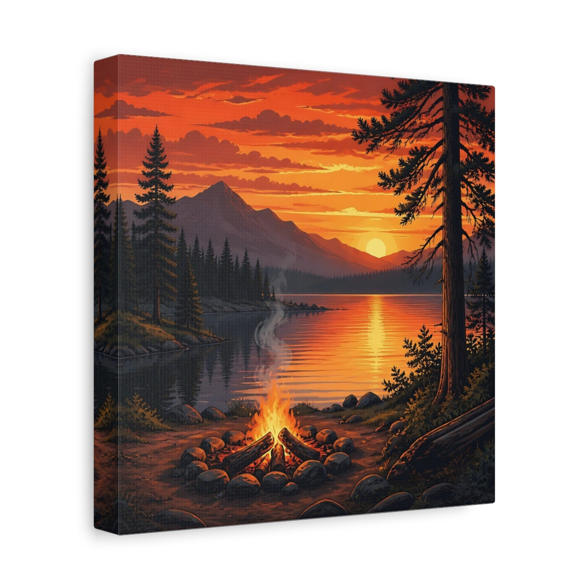 Side Mockup 9. Nature Campfire Sunset Orange Sunset Campfire shown as stretched canvas wall art