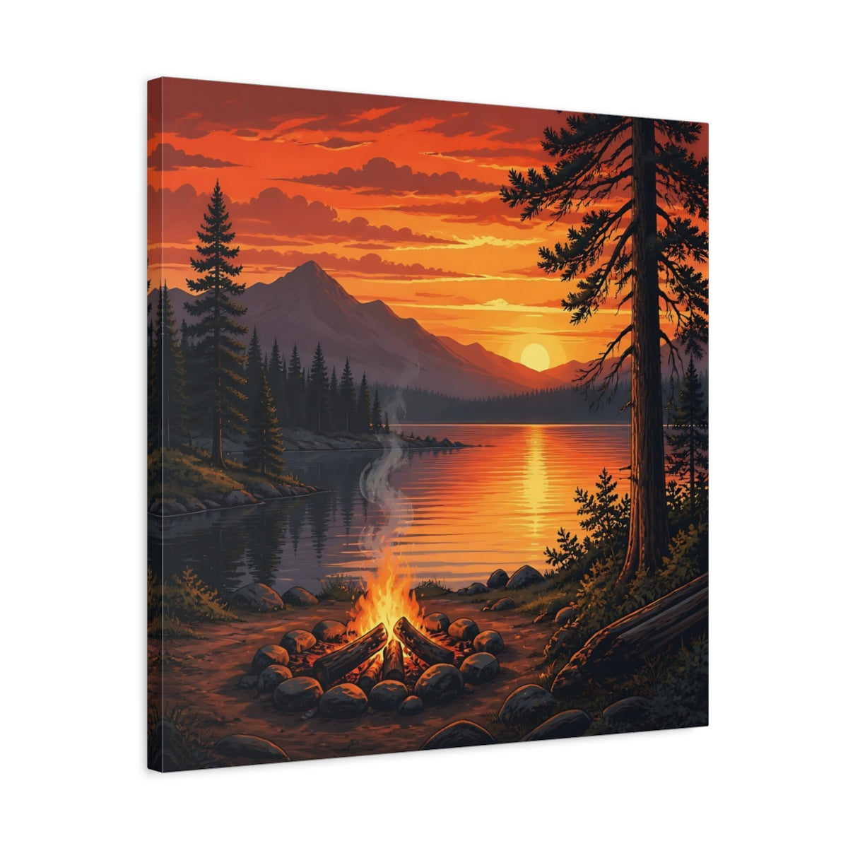 Side Mockup 4. Nature Campfire Sunset Orange Sunset Campfire shown as stretched canvas wall art
