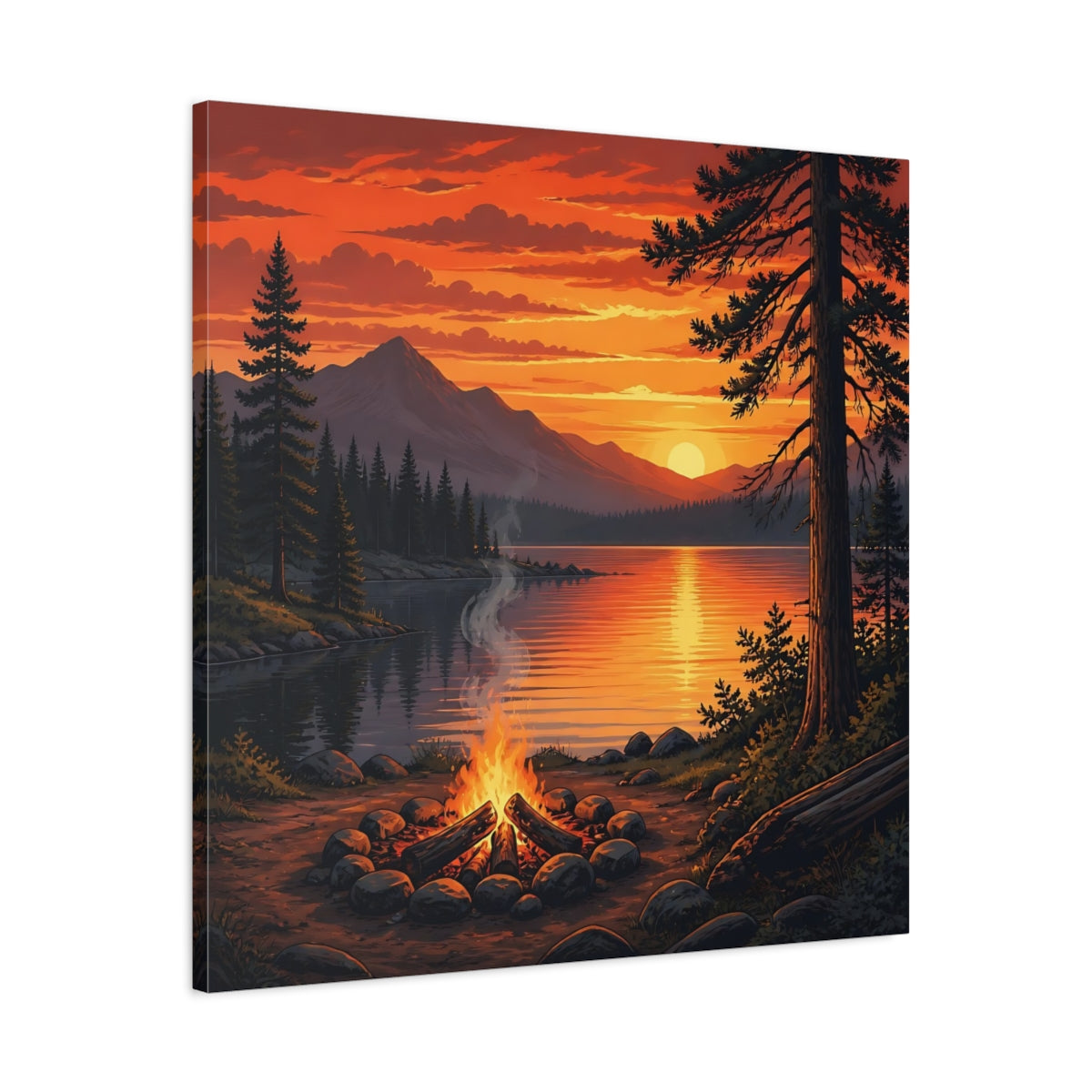 Side Mockup 3. Nature Campfire Sunset Orange Sunset Campfire shown as stretched canvas wall art