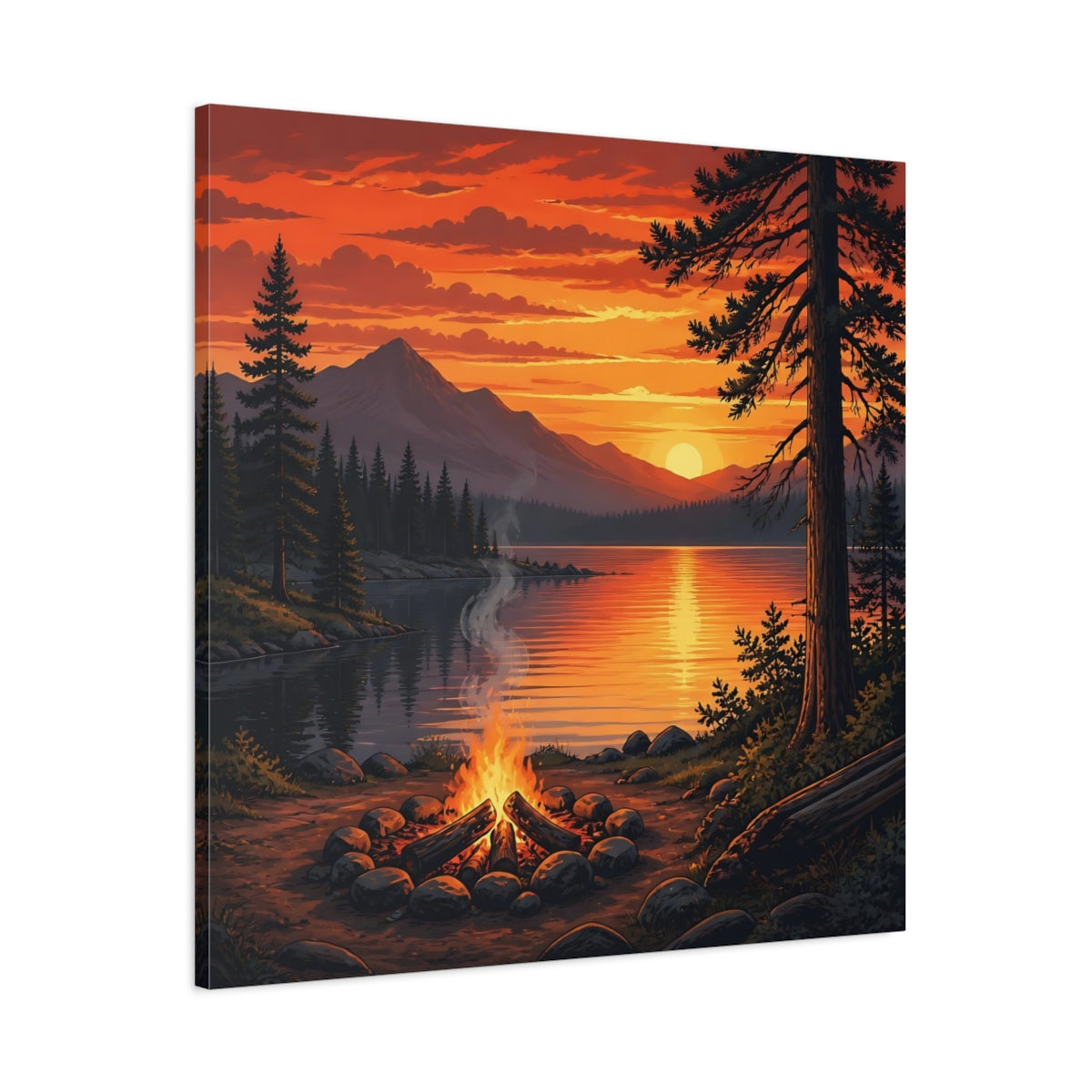 Main Mockup. Nature Campfire Sunset Orange Sunset Campfire shown as stretched canvas wall art