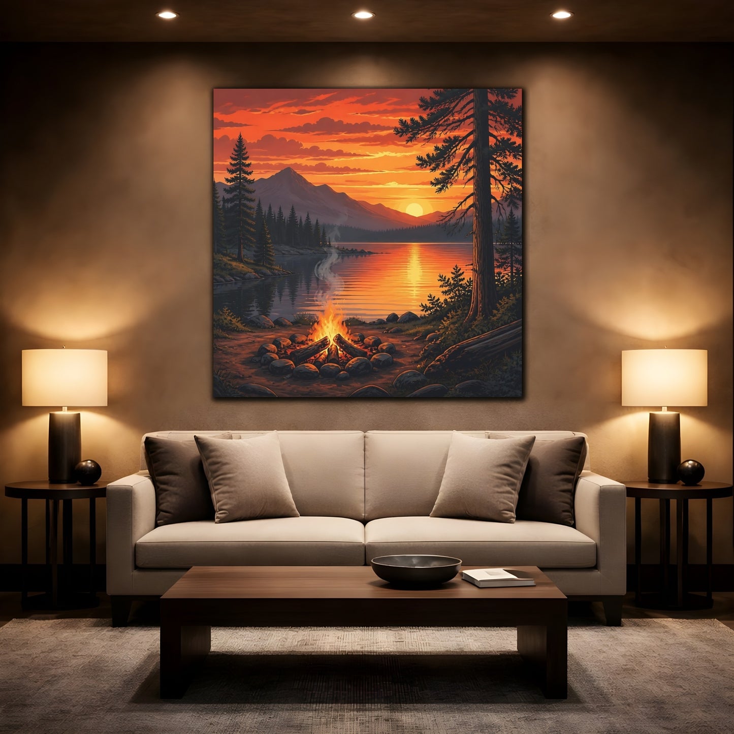 Mockup 2. Nature Campfire Sunset Orange Sunset Campfire shown as stretched canvas wall art