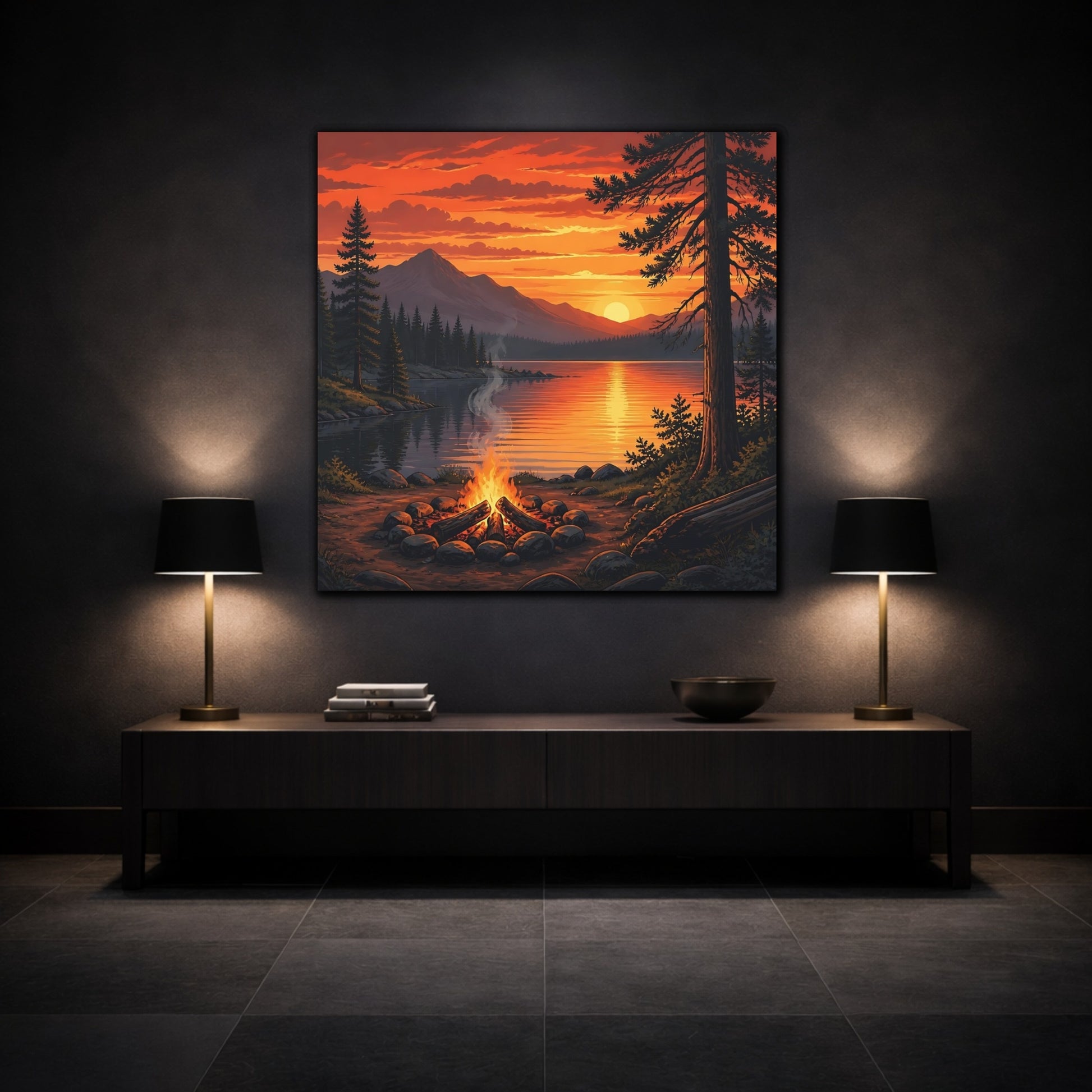 Mockup 3. Nature Campfire Sunset Orange Sunset Campfire shown as stretched canvas wall art