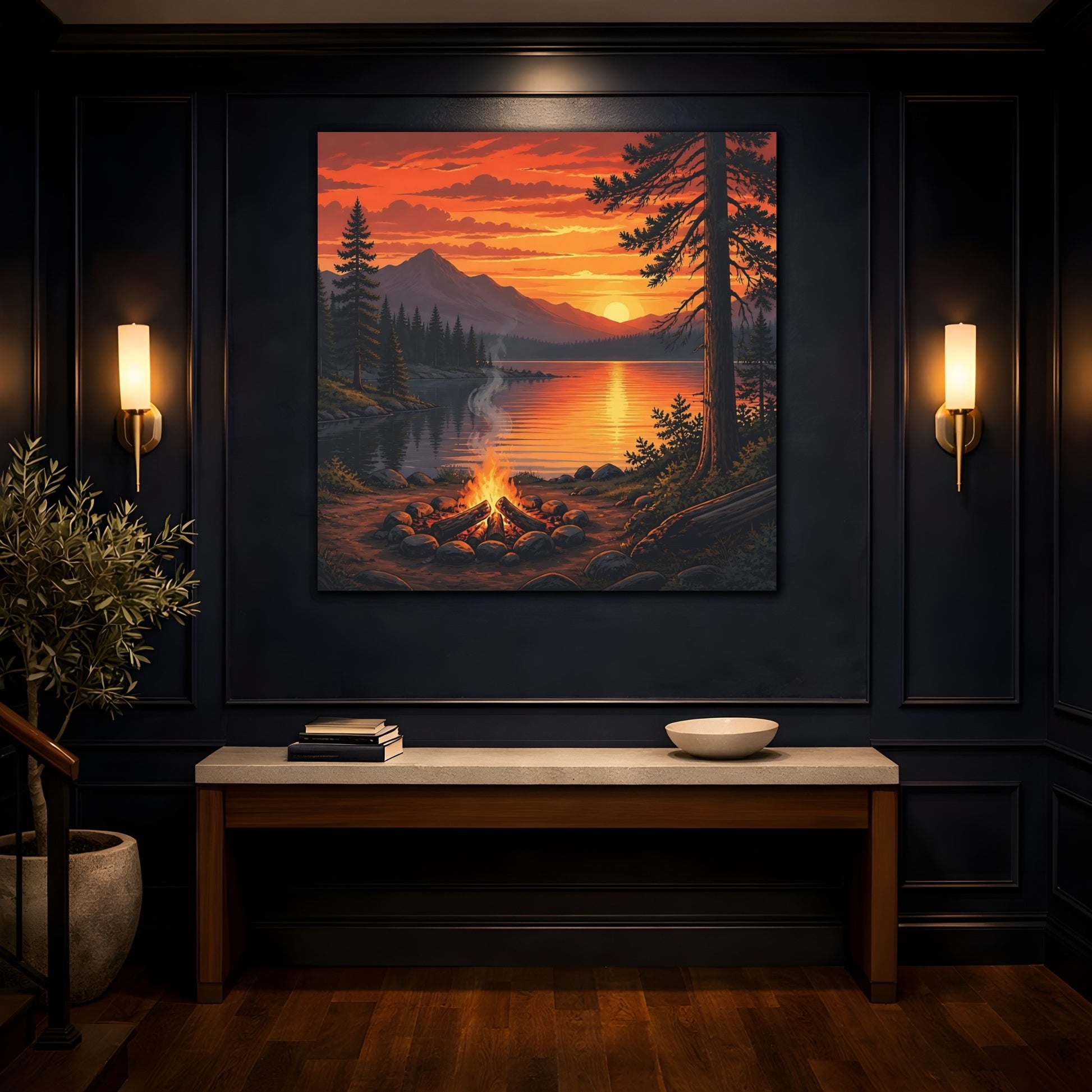 Mockup 4. Nature Campfire Sunset Orange Sunset Campfire shown as stretched canvas wall art