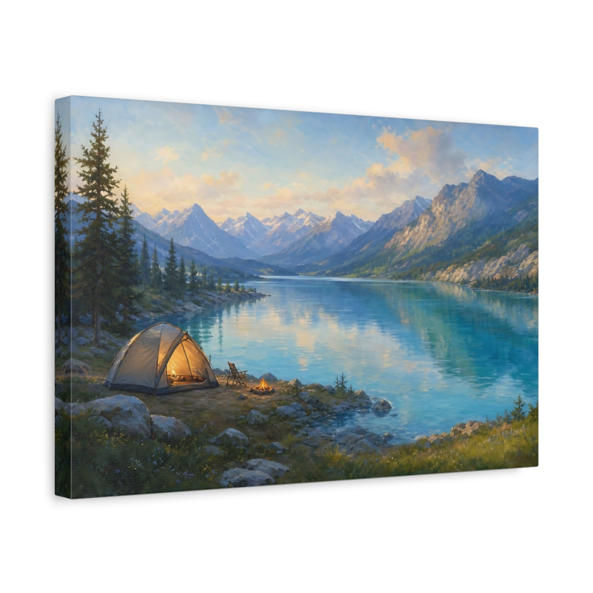 Side Mockup 4. Nature Camping Lake Lake And Mountains Camping shown as stretched canvas wall art