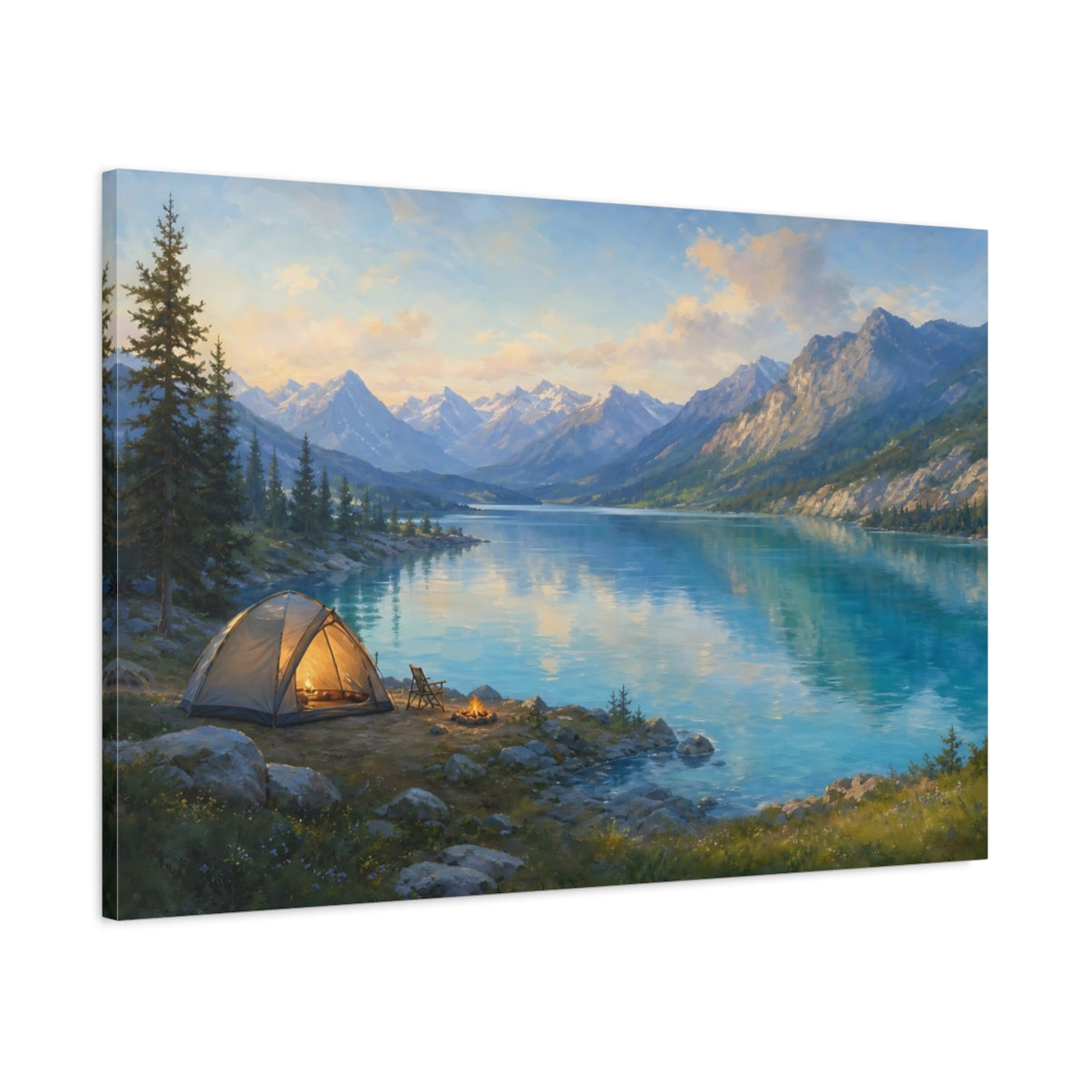 Main Mockup. Nature Camping Lake Lake And Mountains Camping shown as stretched canvas wall art