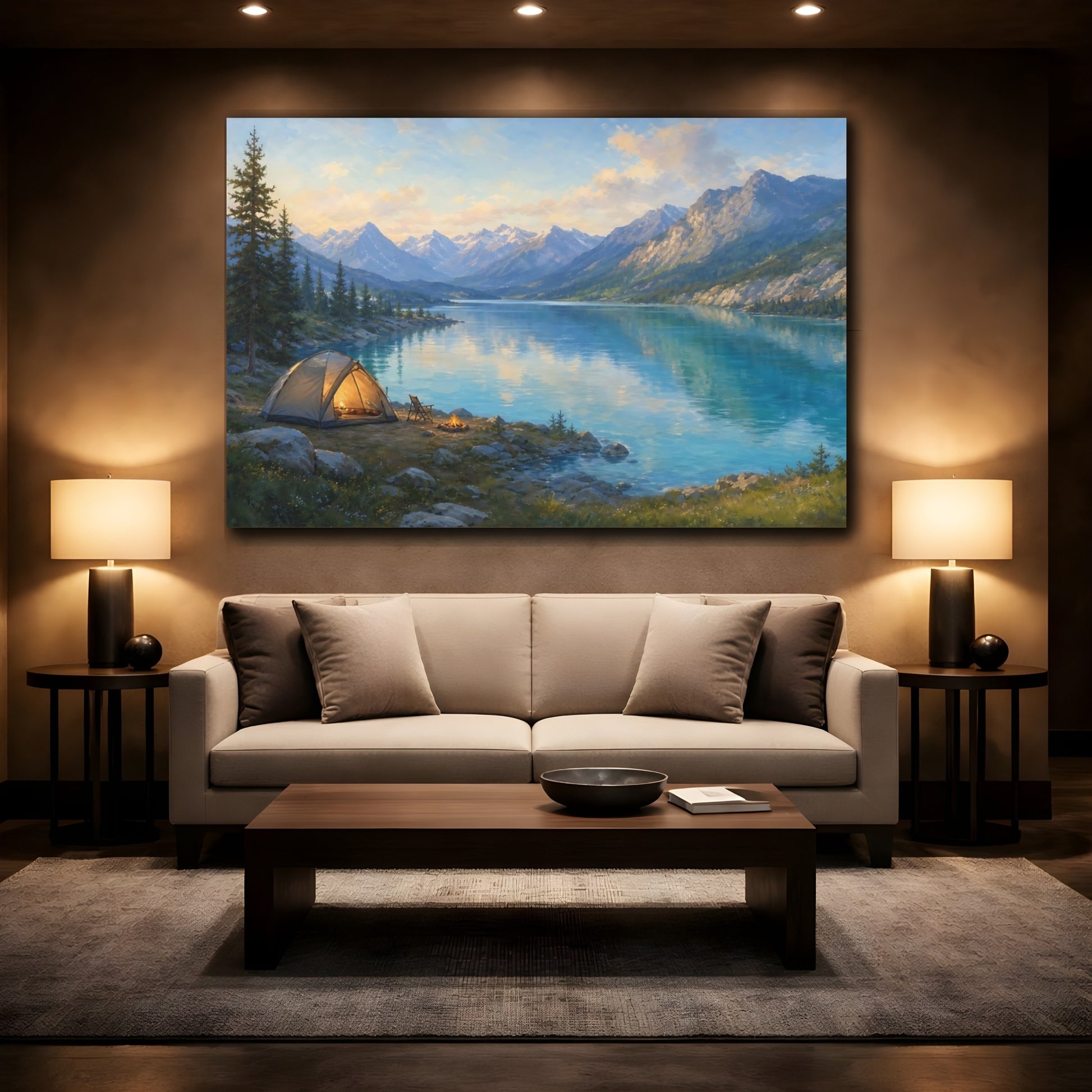 Mockup 2. Nature Camping Lake Lake And Mountains Camping shown as stretched canvas wall art