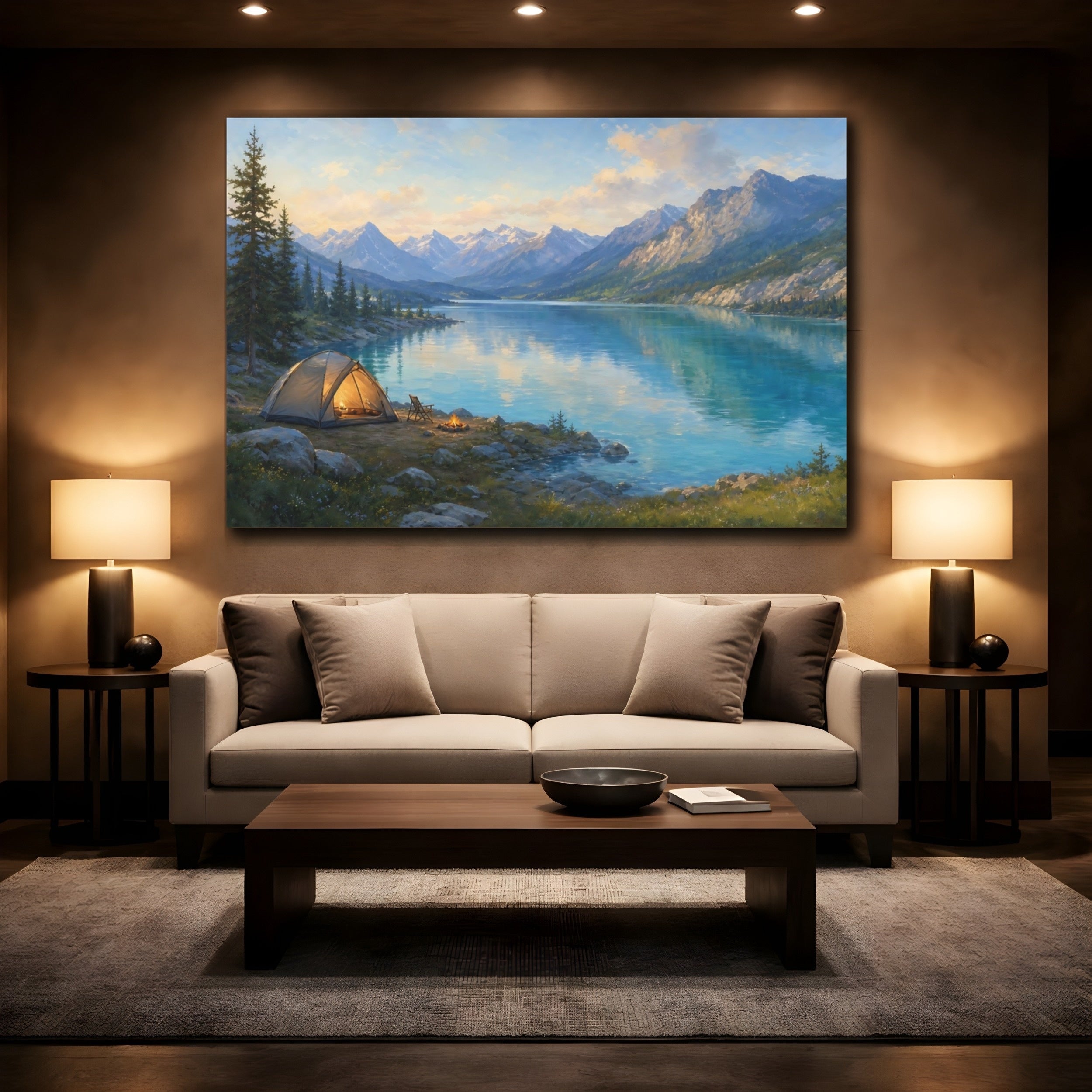 Mockup 2. Nature Camping Lake Lake And Mountains Camping shown as stretched canvas wall art