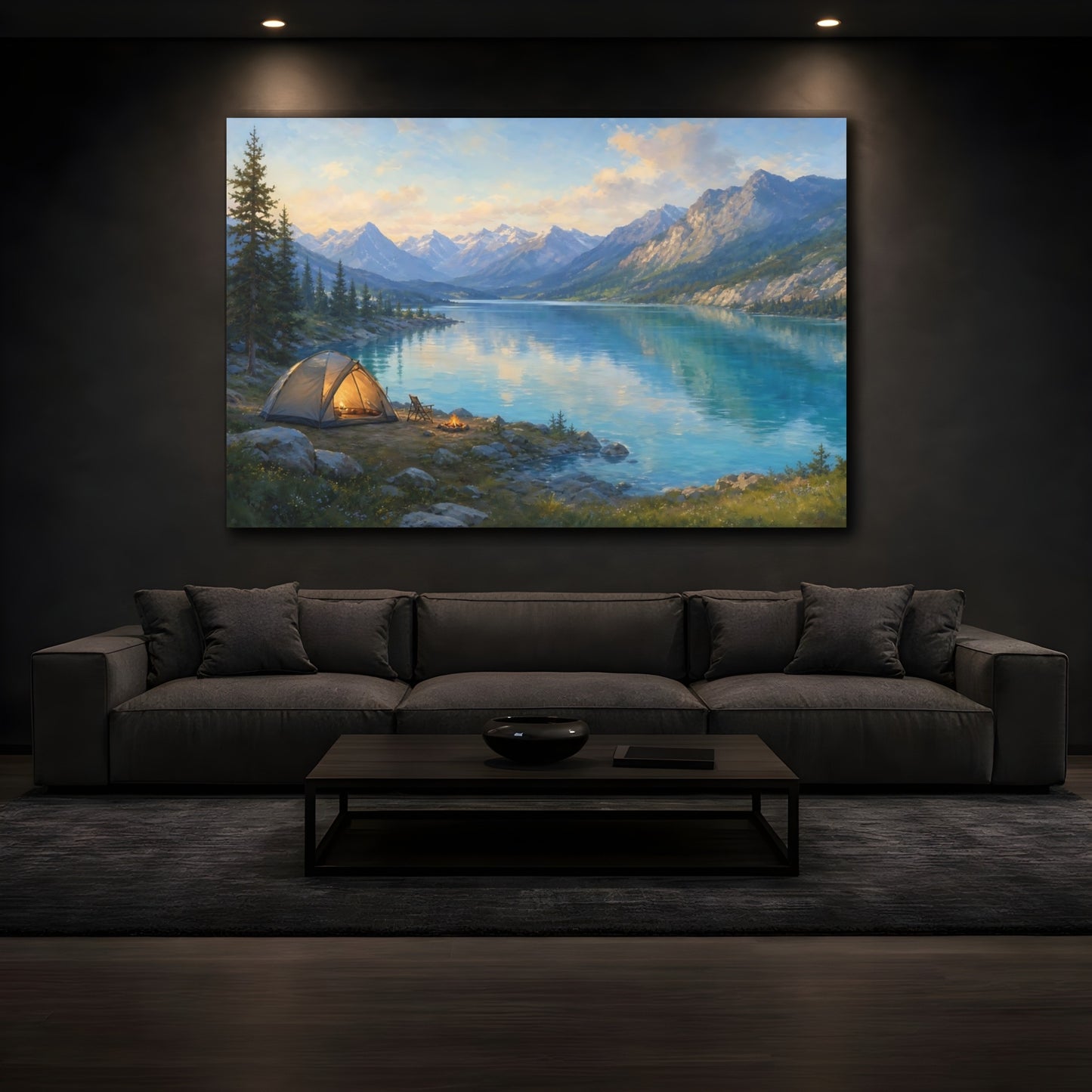 Mockup 3. Nature Camping Lake Lake And Mountains Camping shown as stretched canvas wall art