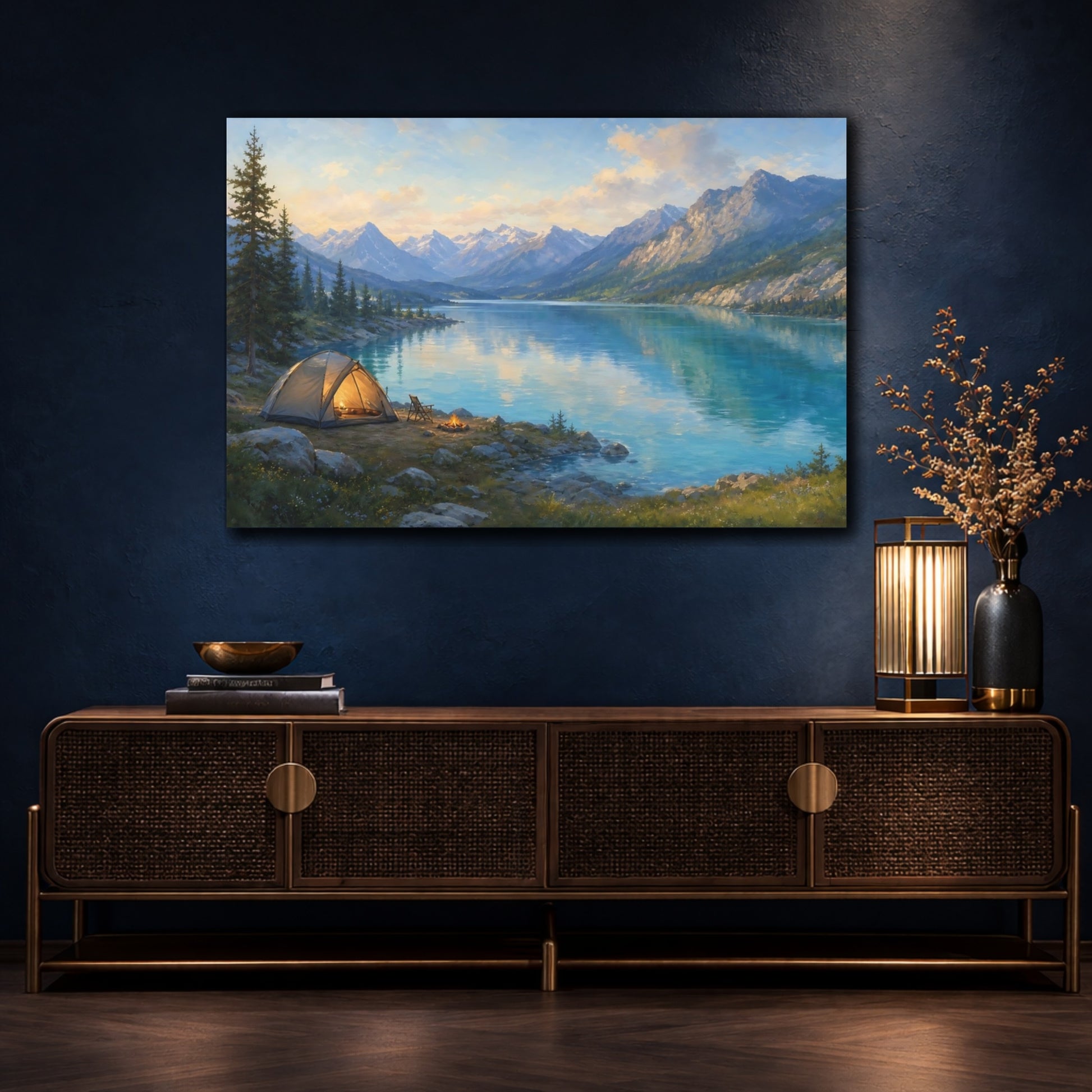 Mockup 4. Nature Camping Lake Lake And Mountains Camping shown as stretched canvas wall art