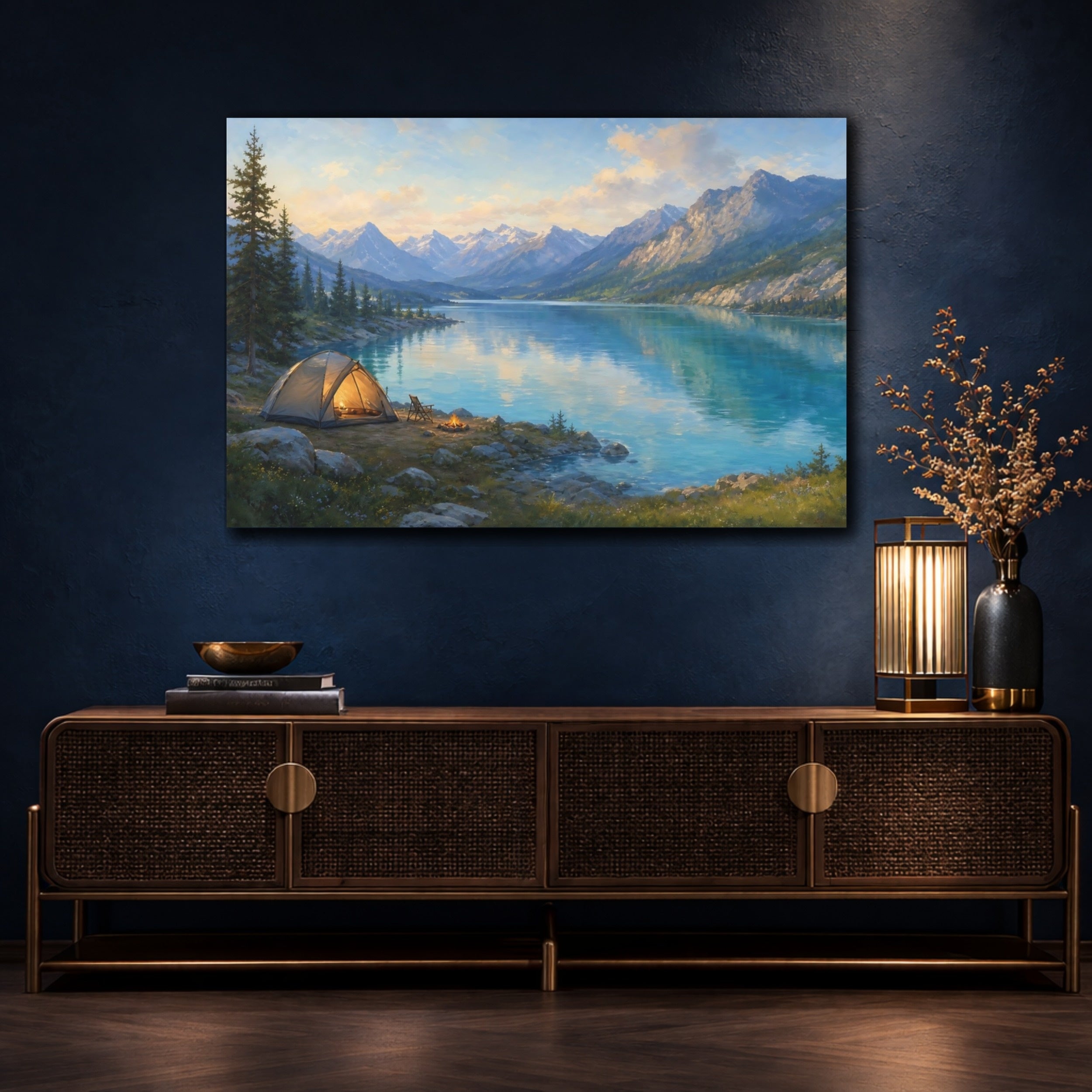 Mockup 4. Nature Camping Lake Lake And Mountains Camping shown as stretched canvas wall art