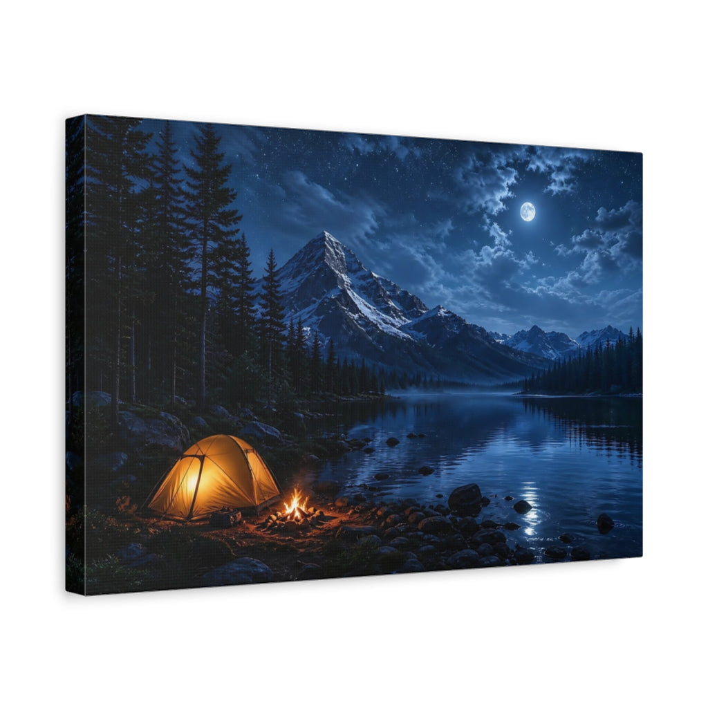 Side Mockup 4. Nature Camping Night Blue Night Camping shown as stretched canvas wall art