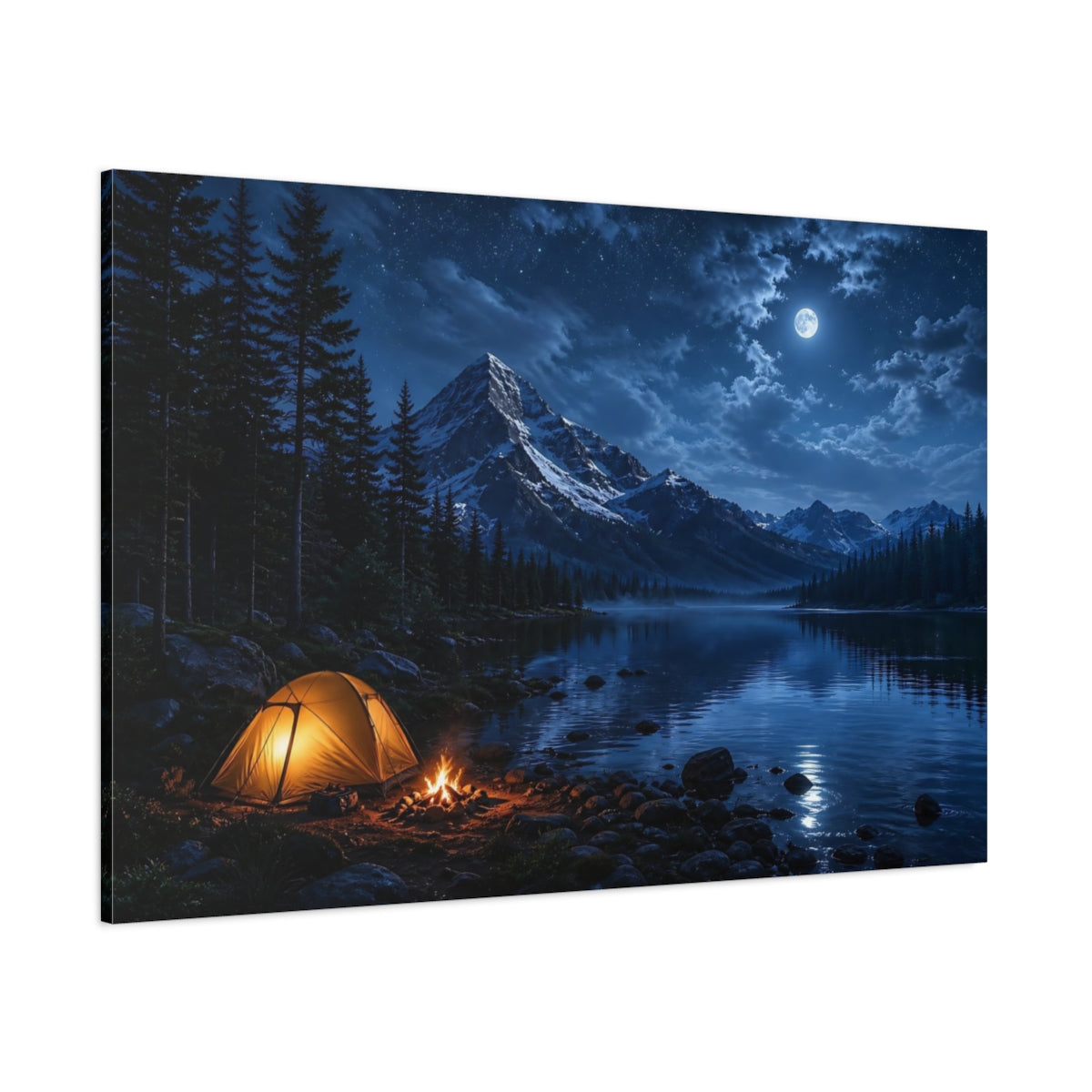 Side Mockup 1. Nature Camping Night Blue Night Camping shown as stretched canvas wall art