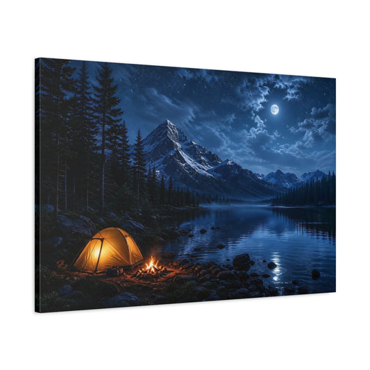 Main Mockup. Nature Camping Night Blue Night Camping shown as stretched canvas wall art