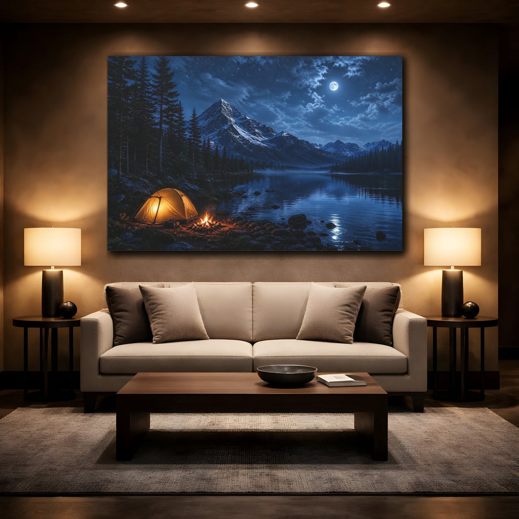 Mockup 2. Nature Camping Night Blue Night Camping shown as stretched canvas wall art
