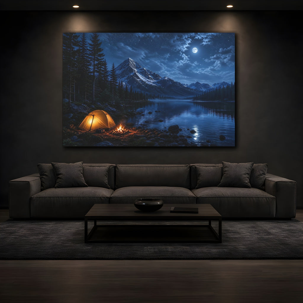 Mockup 3. Nature Camping Night Blue Night Camping shown as stretched canvas wall art