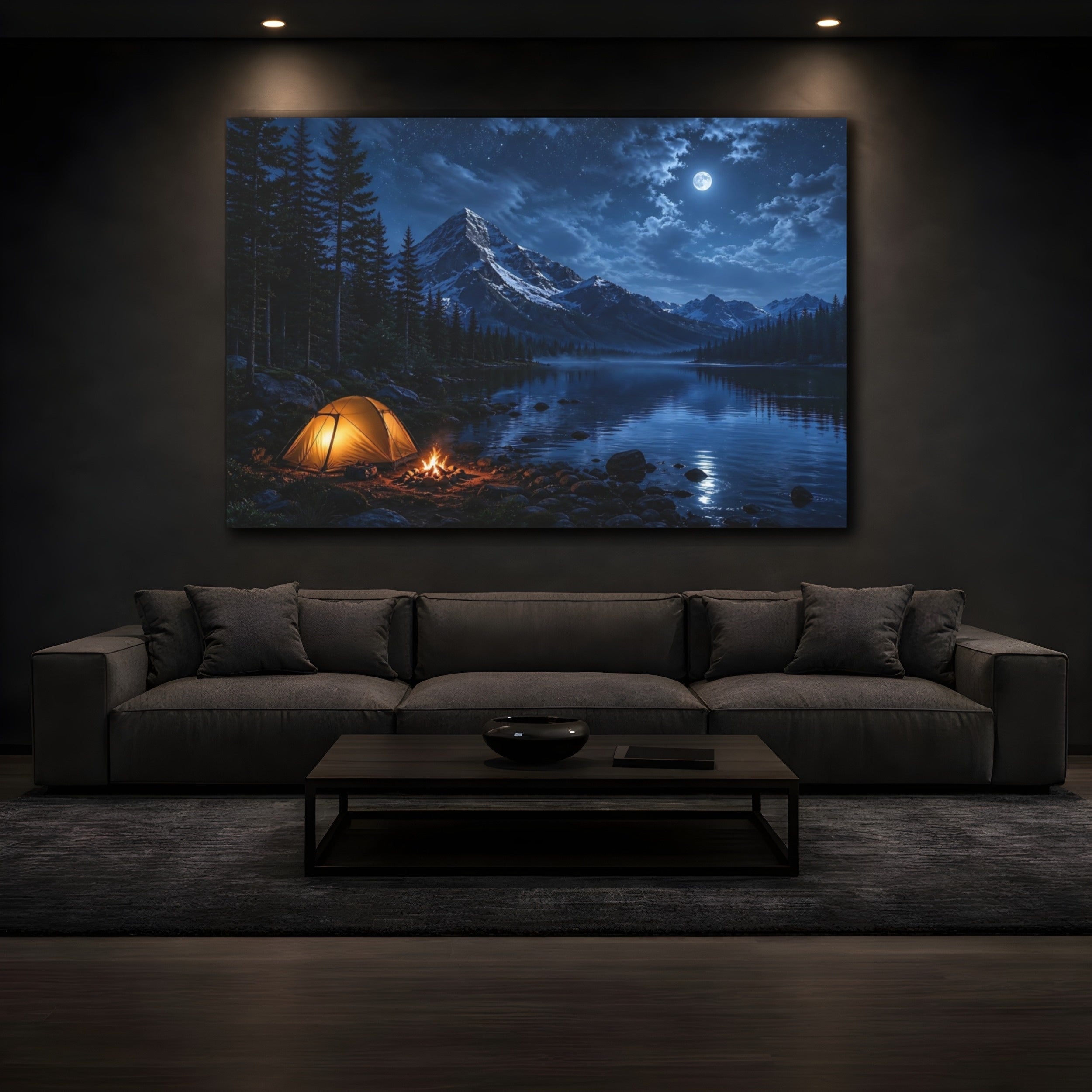 Mockup 3. Nature Camping Night Blue Night Camping shown as stretched canvas wall art