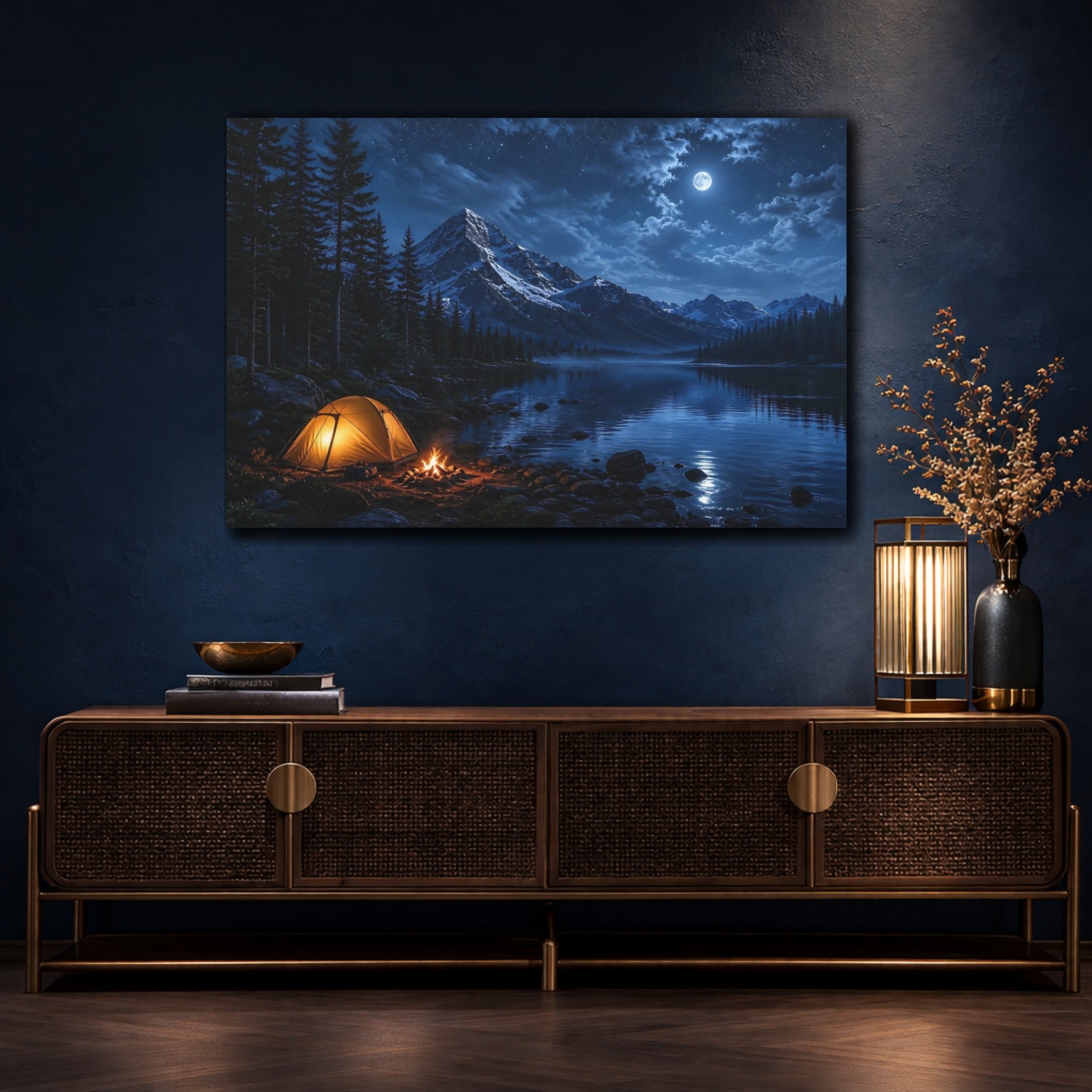 Mockup 4. Nature Camping Night Blue Night Camping shown as stretched canvas wall art