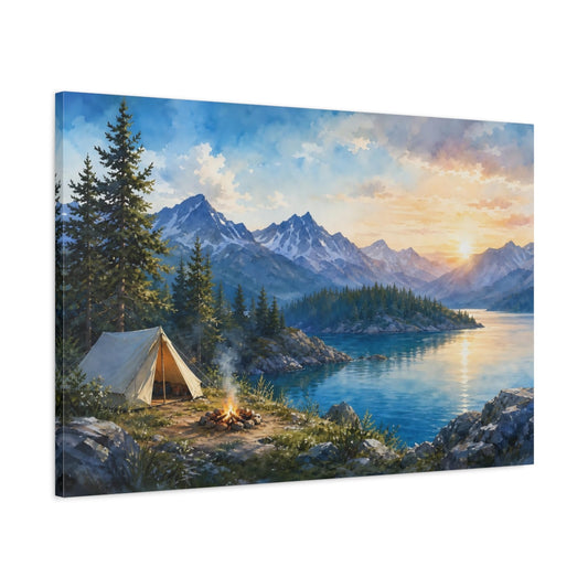 Main Mockup. Nature Camping Scene Lake Camping Sunset shown as stretched canvas wall art