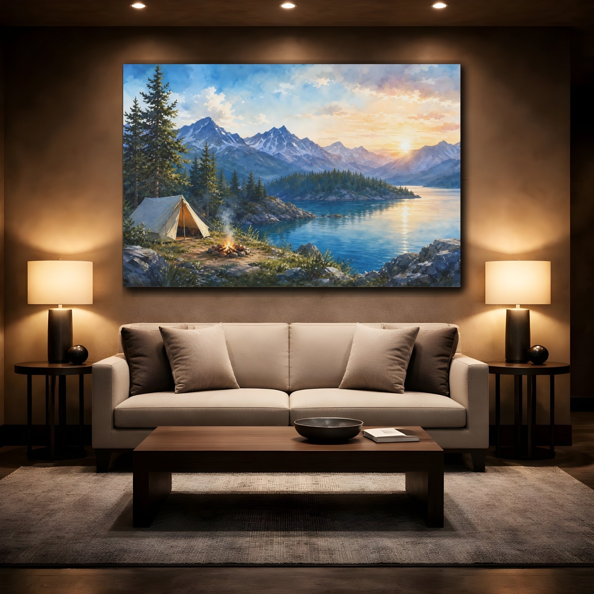 Mockup 2. Nature Camping Scene Lake Camping Sunset shown as stretched canvas wall art