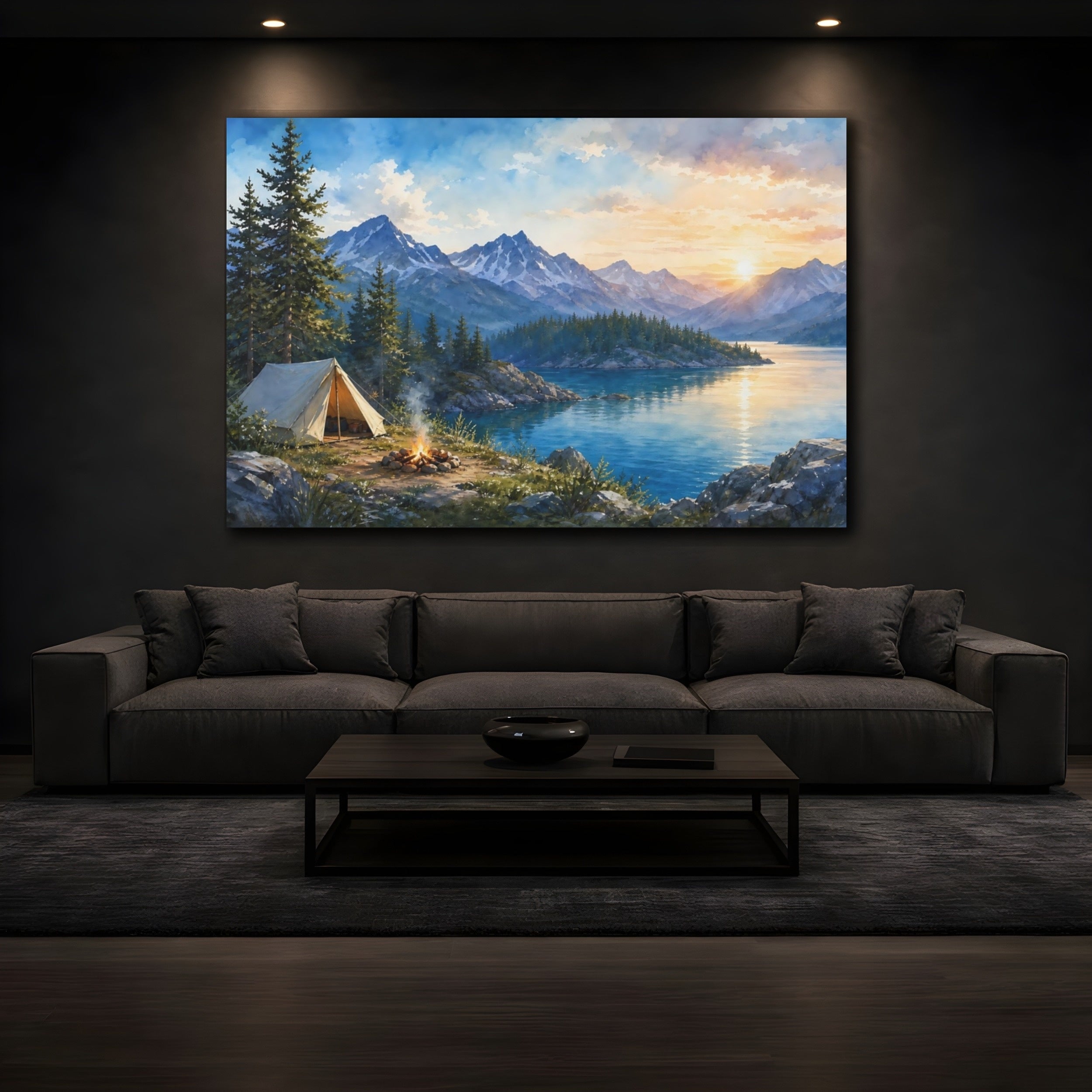 Mockup 3. Nature Camping Scene Lake Camping Sunset shown as stretched canvas wall art