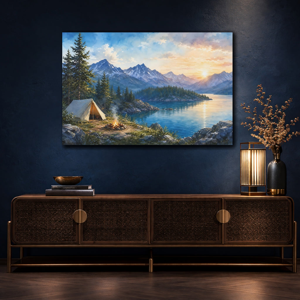 Mockup 4. Nature Camping Scene Lake Camping Sunset shown as stretched canvas wall art