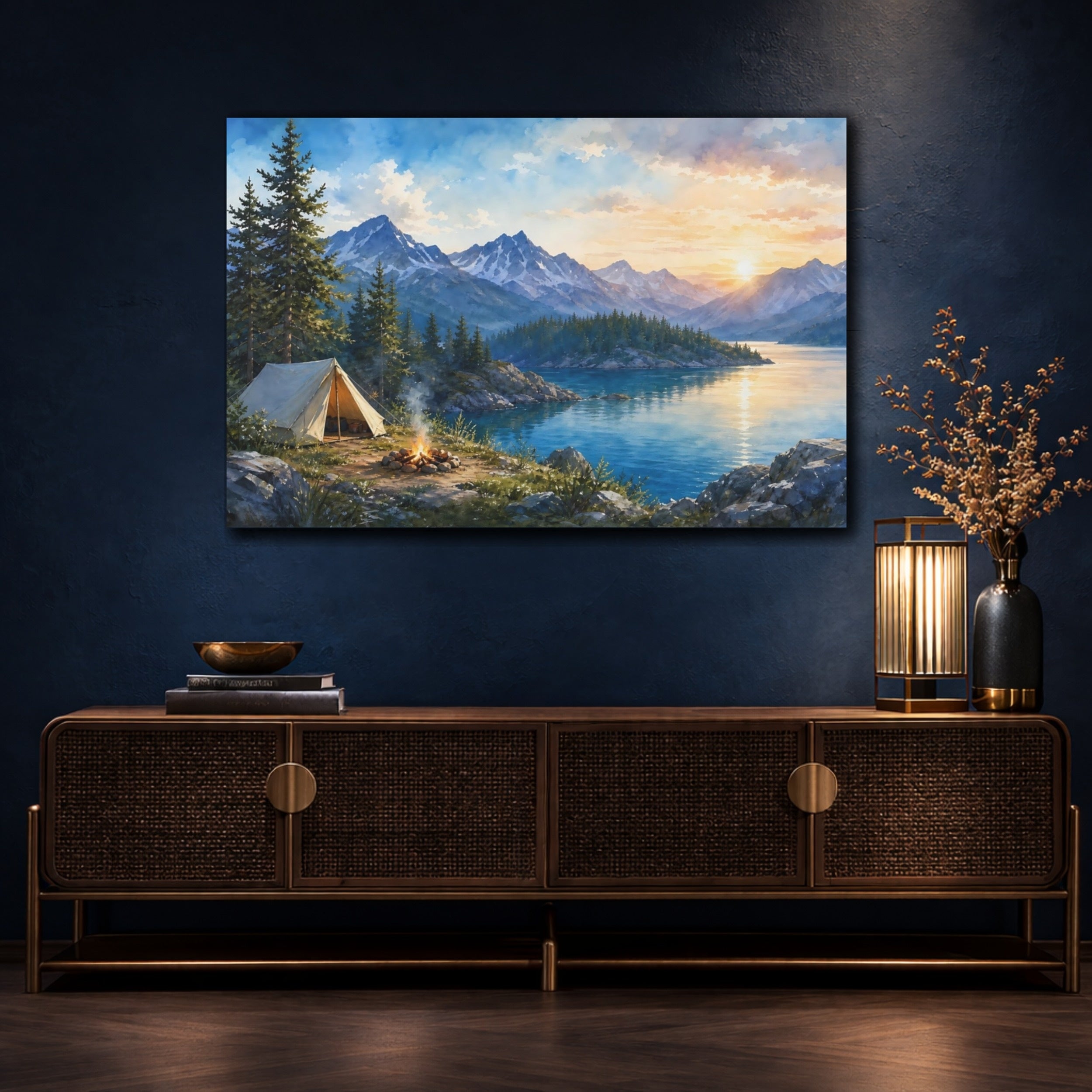 Mockup 4. Nature Camping Scene Lake Camping Sunset shown as stretched canvas wall art