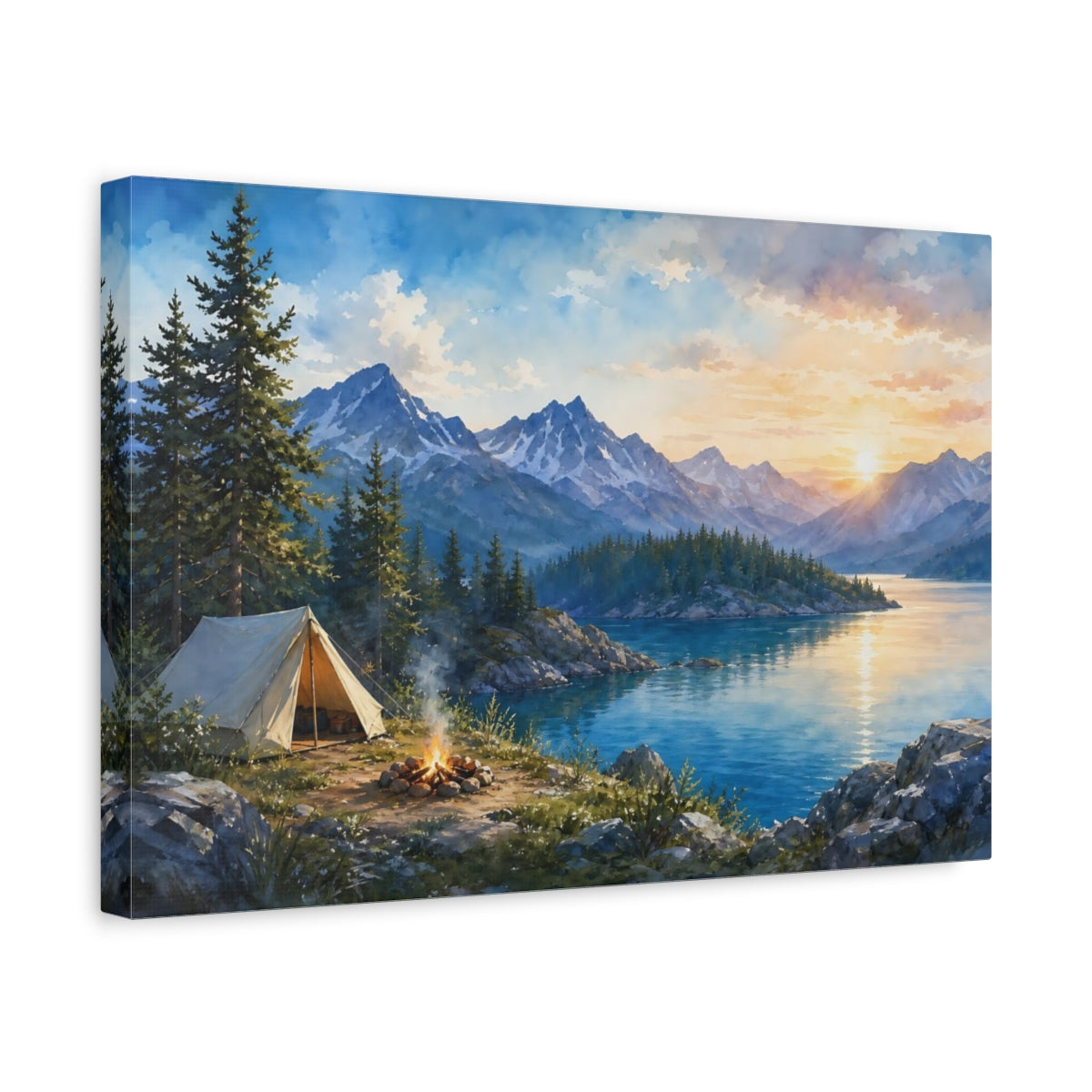 Side Mockup 4. Nature Camping Scene Lake Camping Sunset shown as stretched canvas wall art