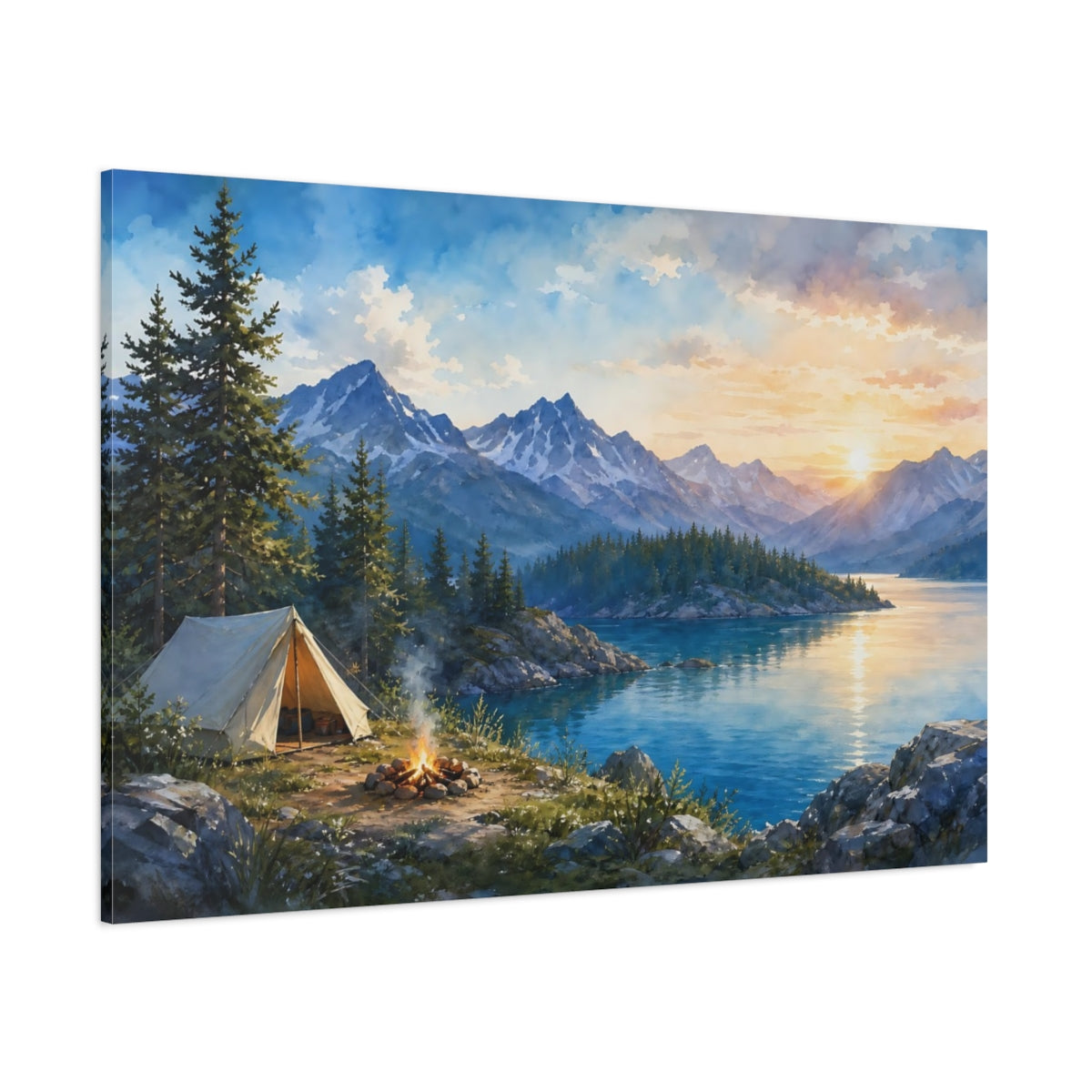 Side Mockup 1. Nature Camping Scene Lake Camping Sunset shown as stretched canvas wall art