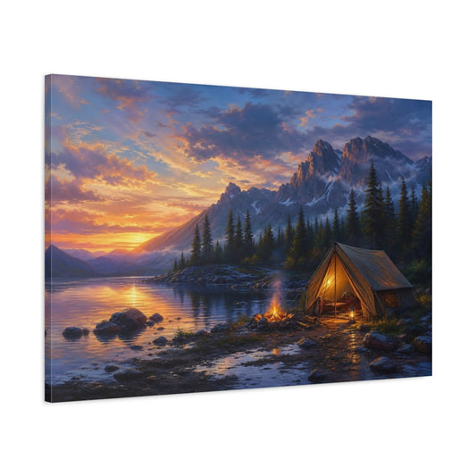Main Mockup. Nature Campsite Orange Blue Sunset shown as stretched canvas wall art