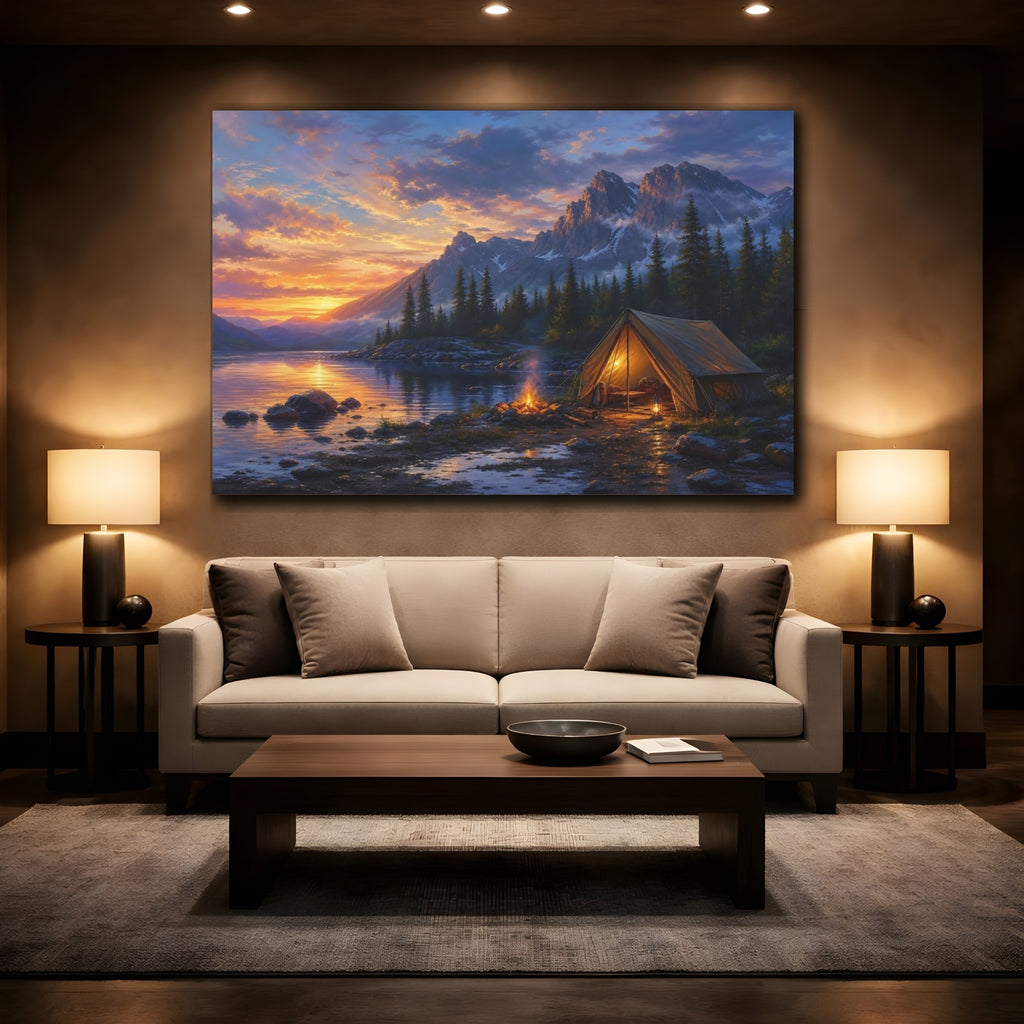 Mockup 2. Nature Campsite Orange Blue Sunset shown as stretched canvas wall art