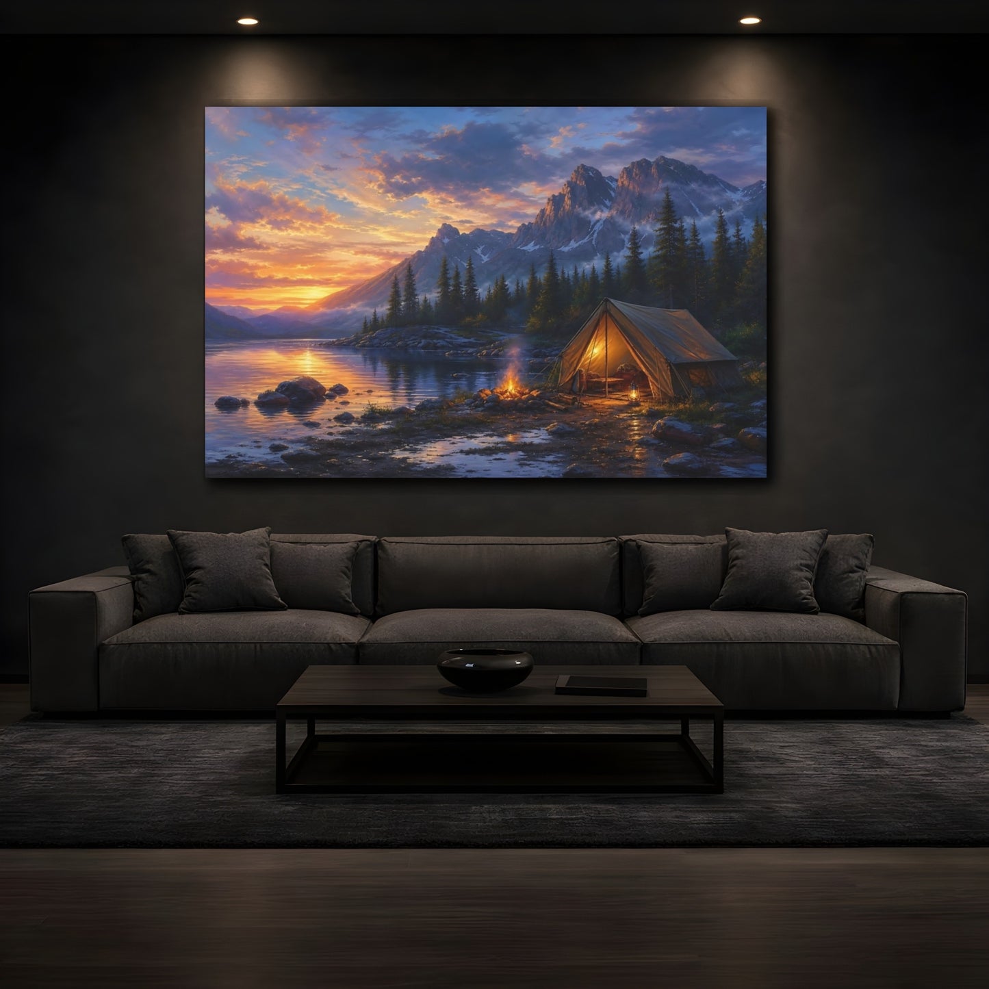 Mockup 3. Nature Campsite Orange Blue Sunset shown as stretched canvas wall art