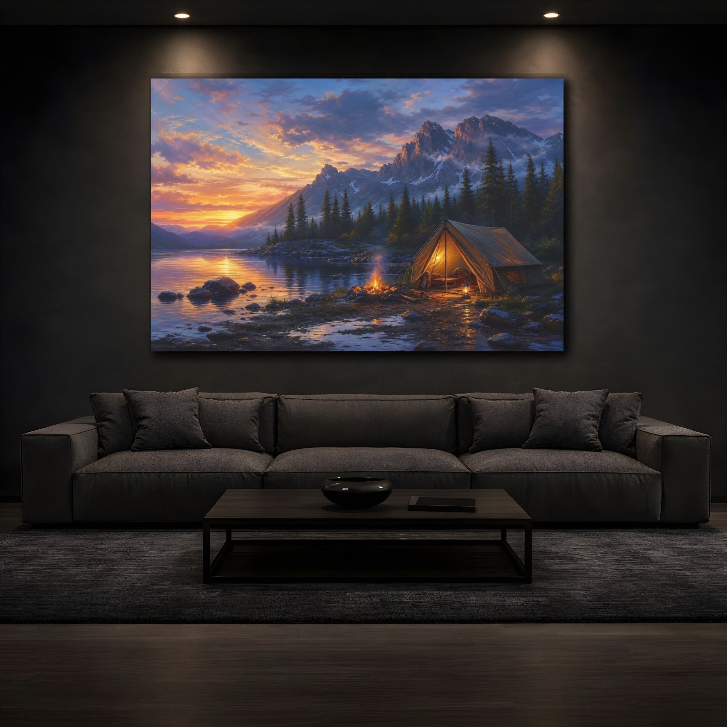 Mockup 3. Nature Campsite Orange Blue Sunset shown as stretched canvas wall art