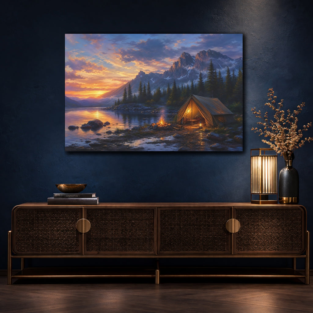 Mockup 4. Nature Campsite Orange Blue Sunset shown as stretched canvas wall art