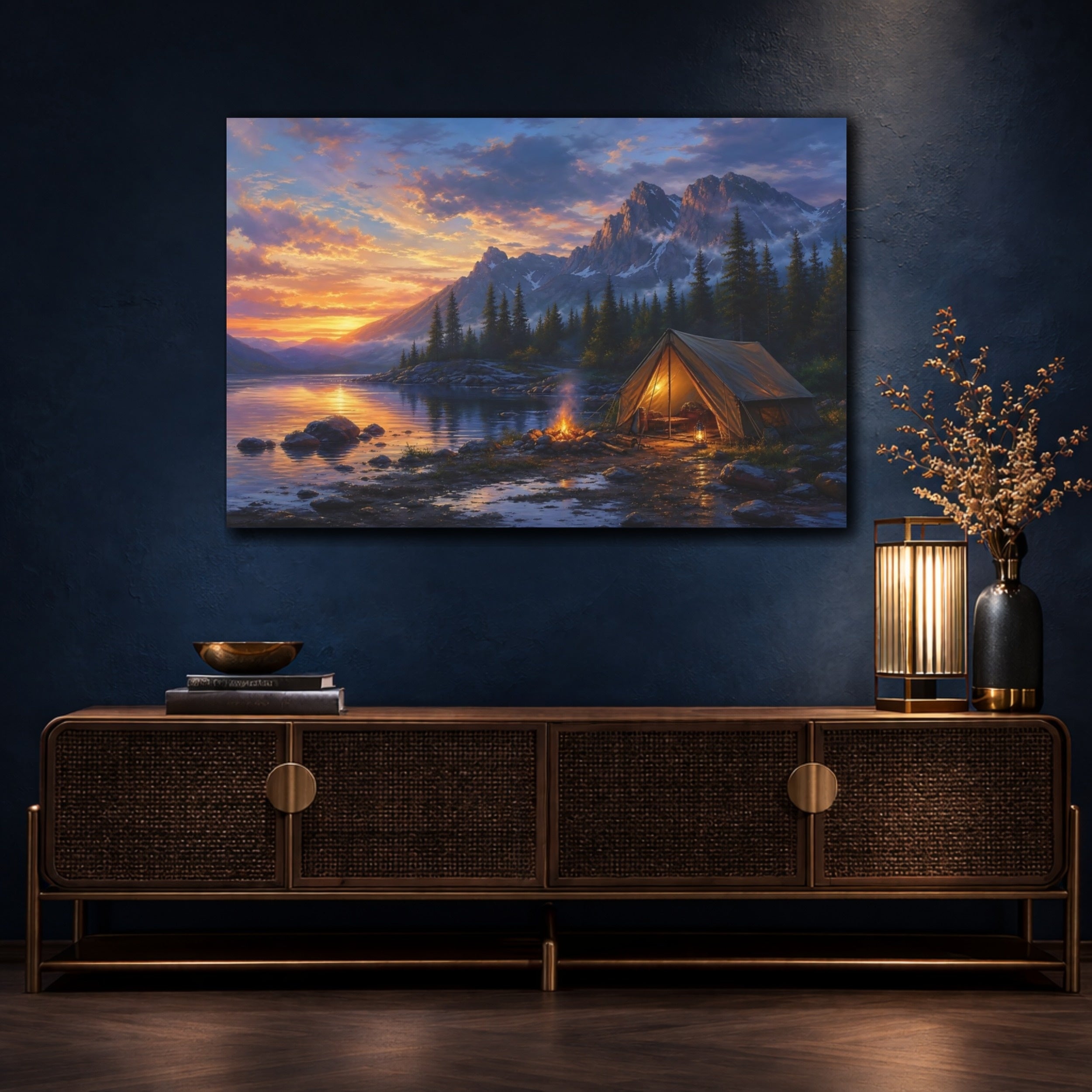 Mockup 4. Nature Campsite Orange Blue Sunset shown as stretched canvas wall art