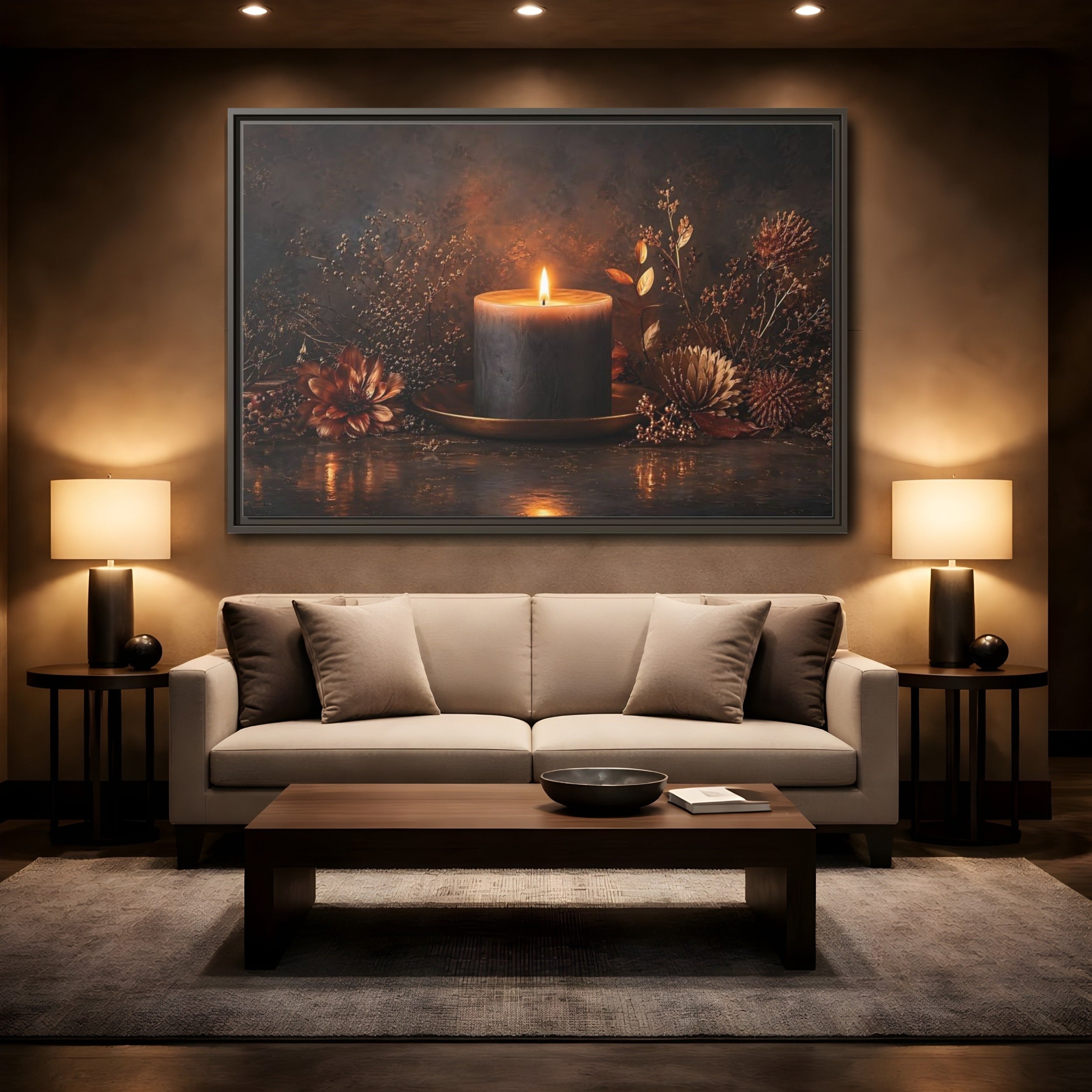 Mockup 2. Nature Candle Dark Gold Candle shown as stretched canvas wall art