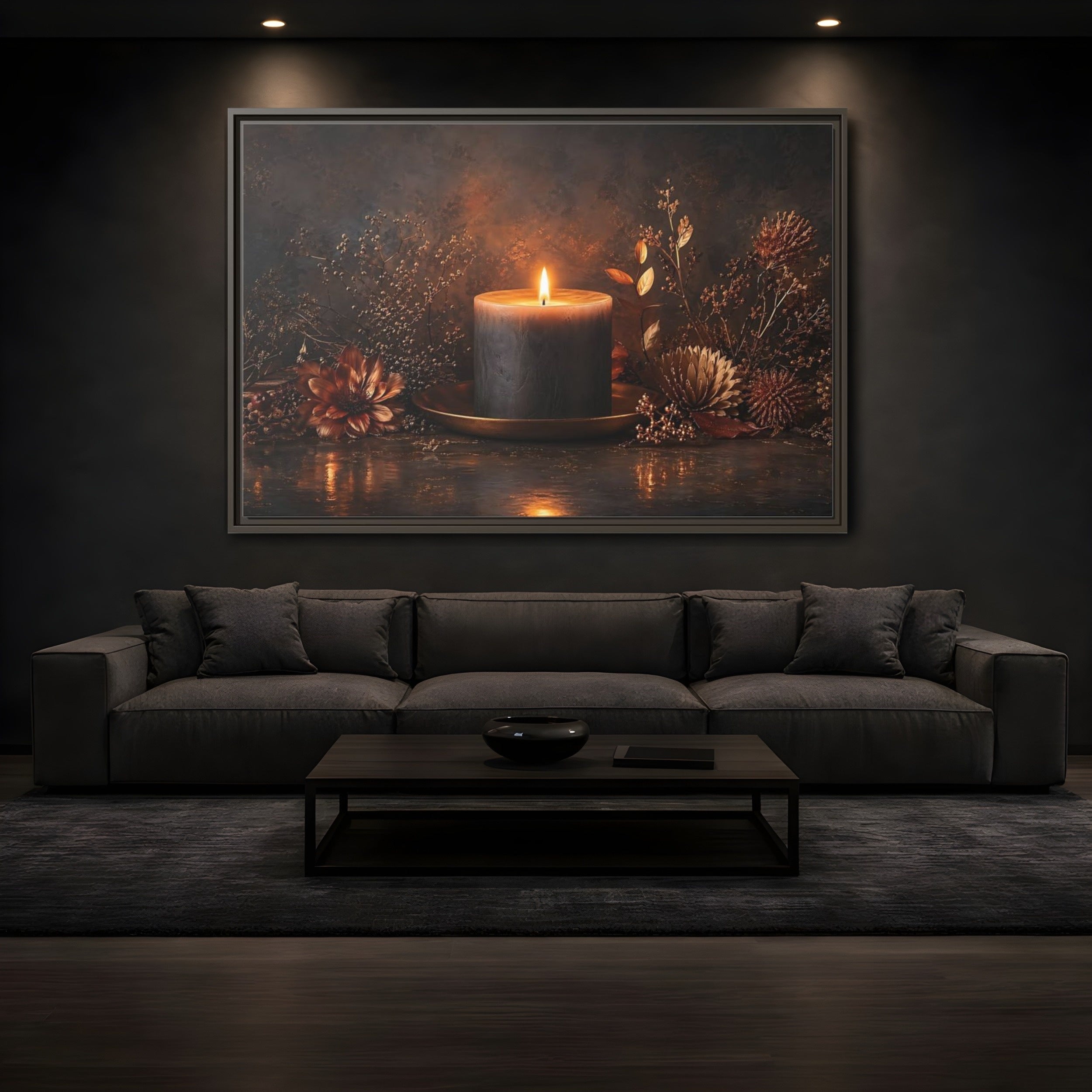 Mockup 3. Nature Candle Dark Gold Candle shown as stretched canvas wall art