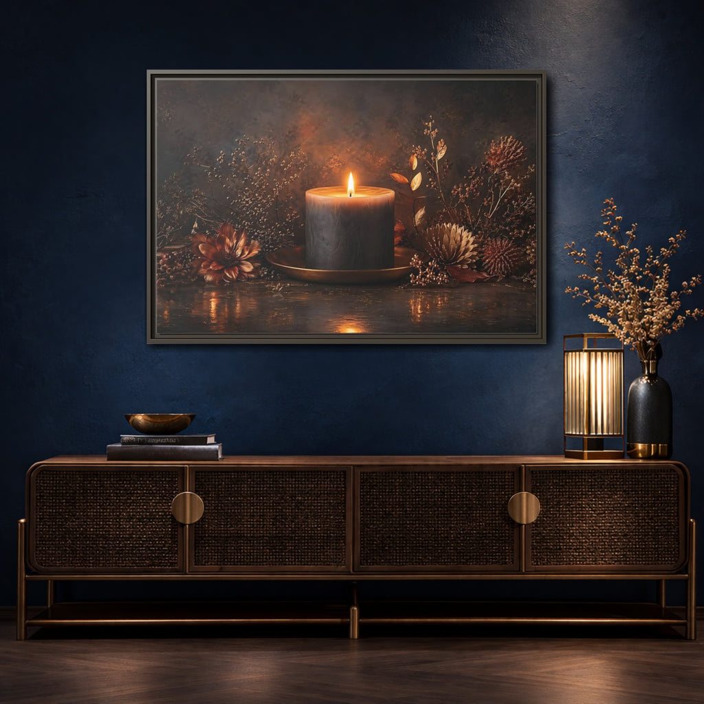 Mockup 4. Nature Candle Dark Gold Candle shown as stretched canvas wall art