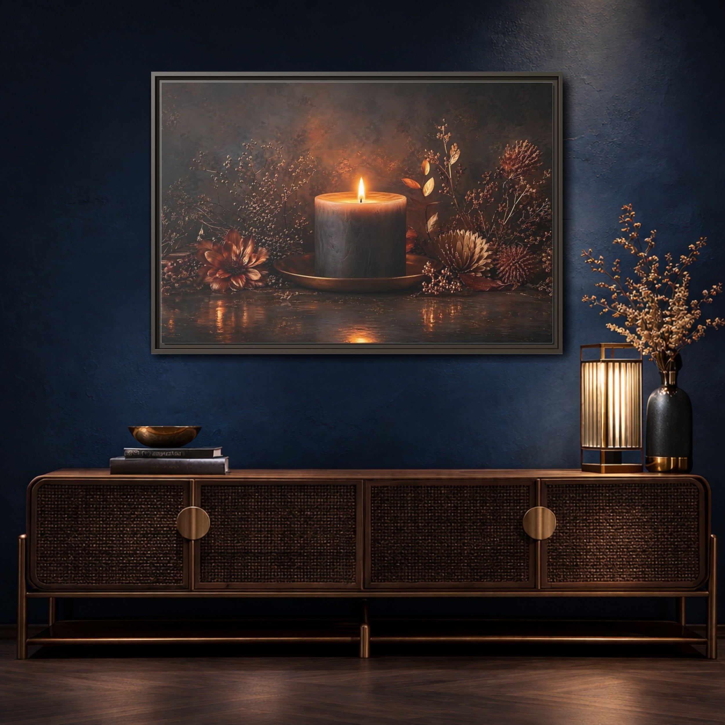 Mockup 4. Nature Candle Dark Gold Candle shown as stretched canvas wall art
