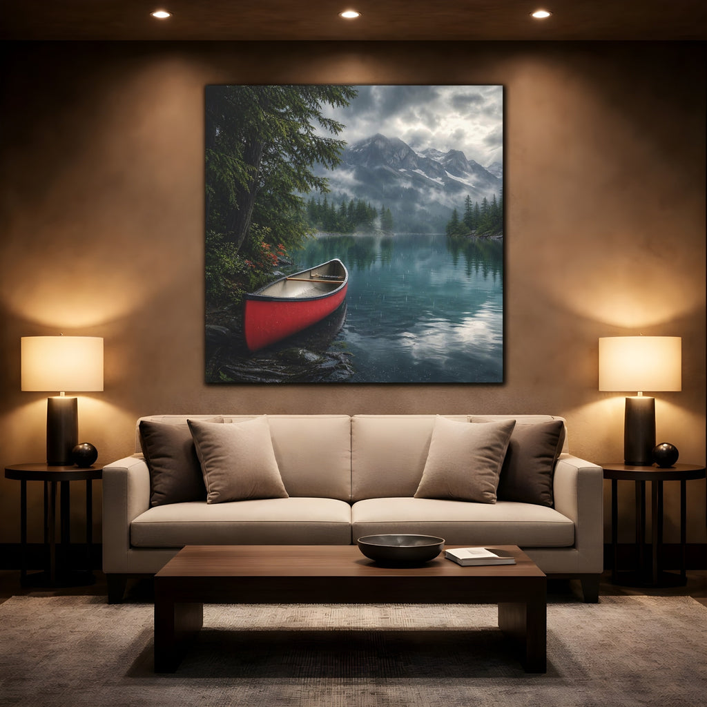 Mockup 2. Nature Canoe Red Canoe Lake shown as stretched canvas wall art