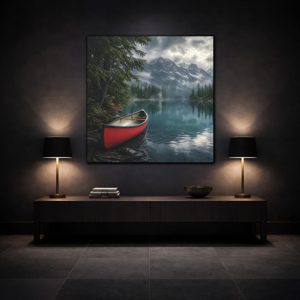 Mockup 3. Nature Canoe Red Canoe Lake shown as stretched canvas wall art